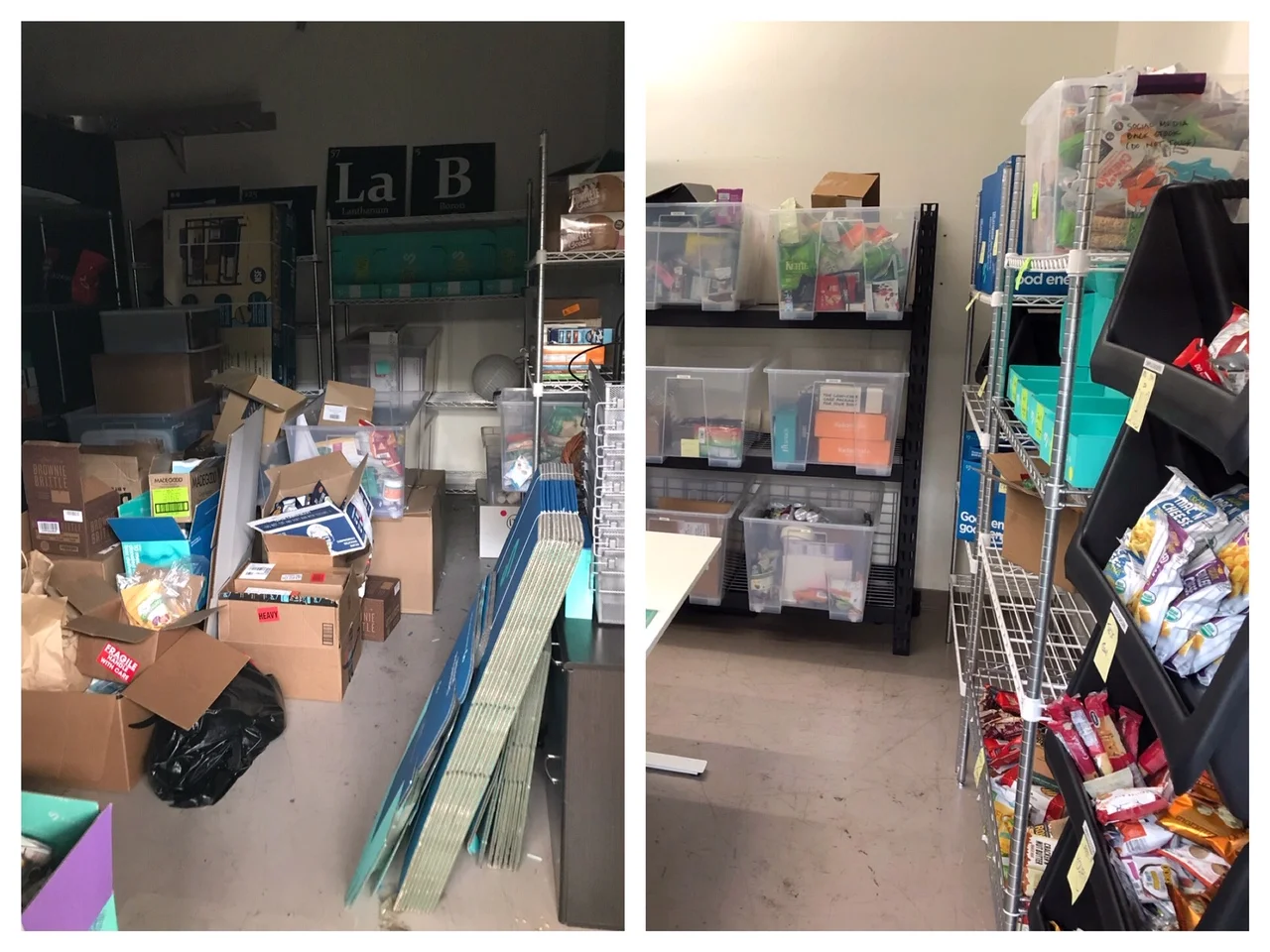 Corporate sample product closet before/after