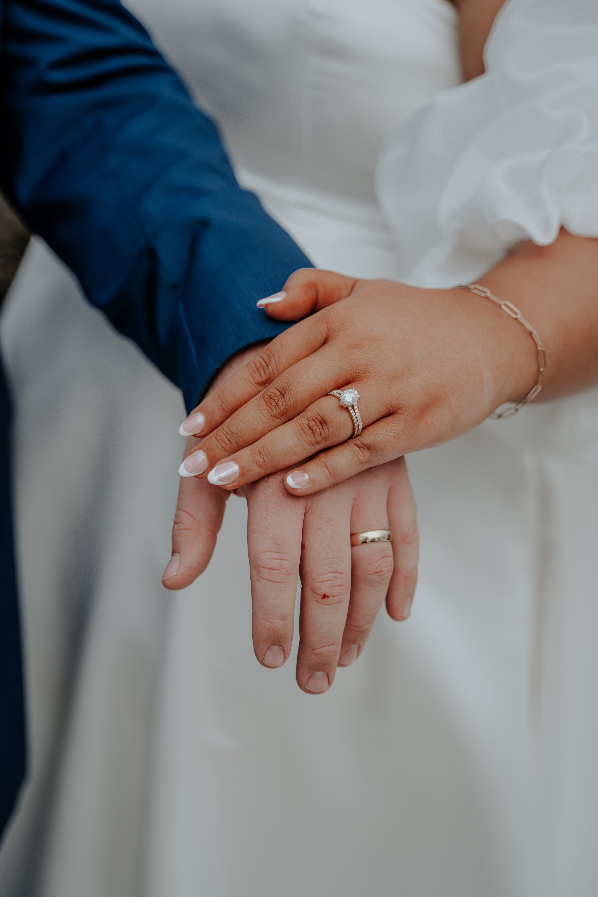 Close-up of a couple showing their hands with wedding rings, with one person wearing a blue suit and the other wearing a white dress, capturing their union.