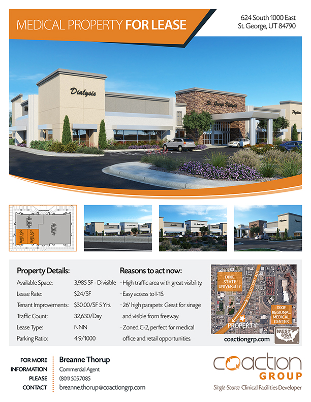 Real estate informational flier design for a property built by a medial building contractor client.
