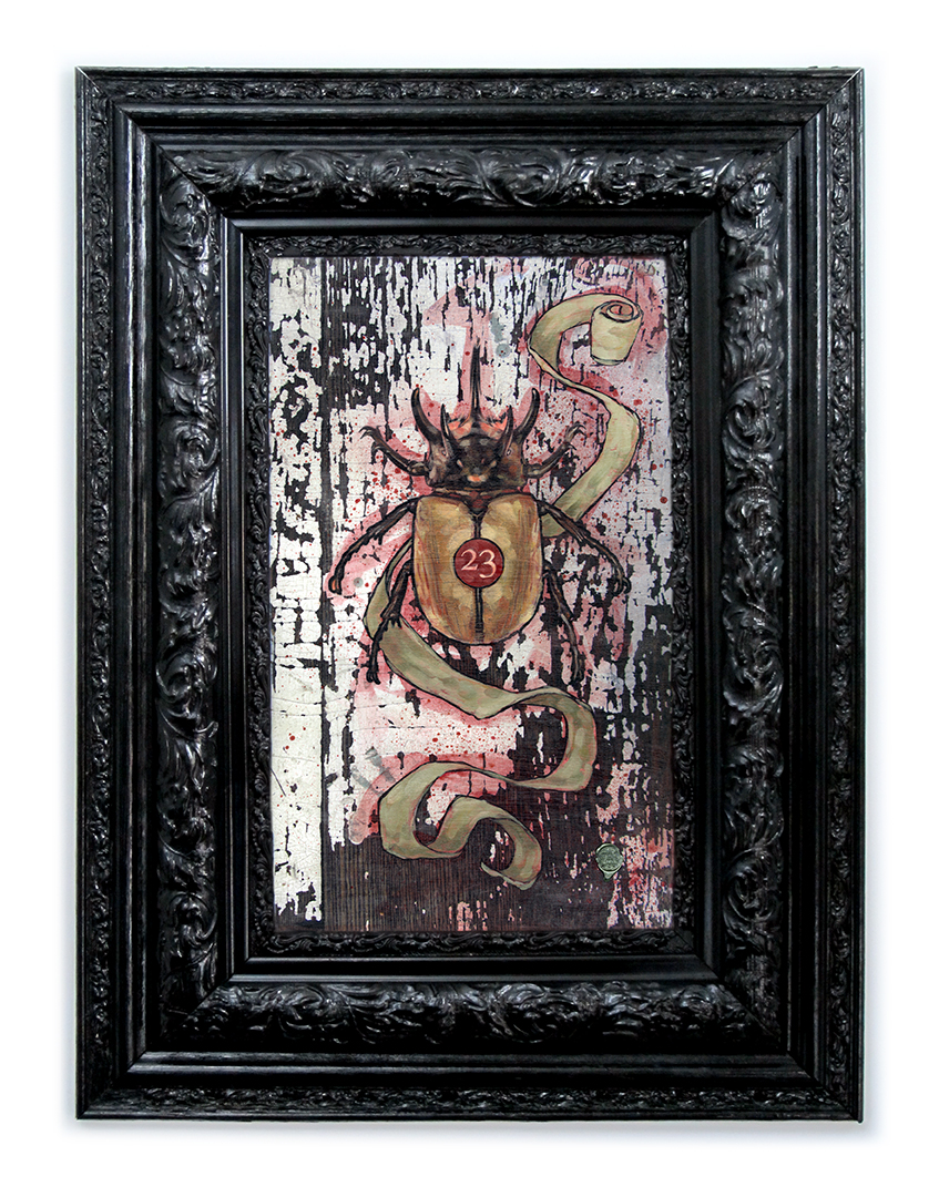 Title: BERNIE THE HATE BEETLE Original mixed media oil painting. 22.5" X 30.5" Showed at Silver Queen Fine Art in Park City, UT. SOLD