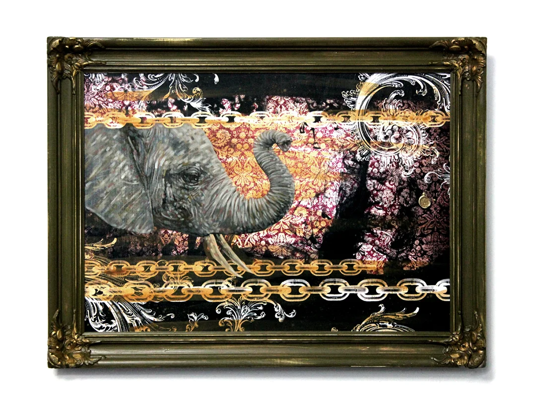 Title: CAGED Original mixed media oil painting. 34.75" X 22.625" SOLD