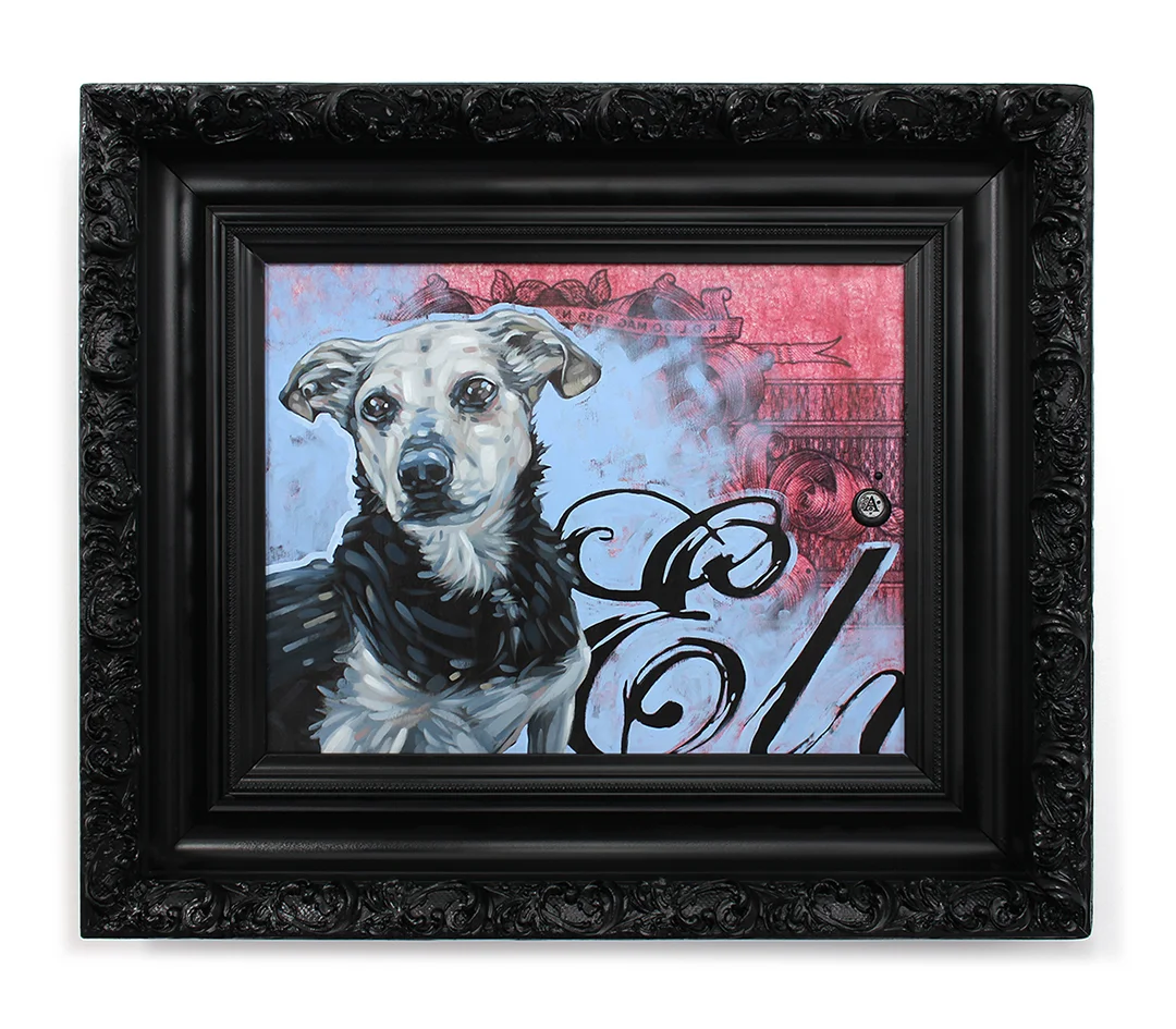 Title: THE LITTLE LEGEND This was a commission that I created for a couple that just had to put their dog, Elvis down. His memory will immortalized in this painting. Original mixed media oil painting. 25.75” X 22.5”
