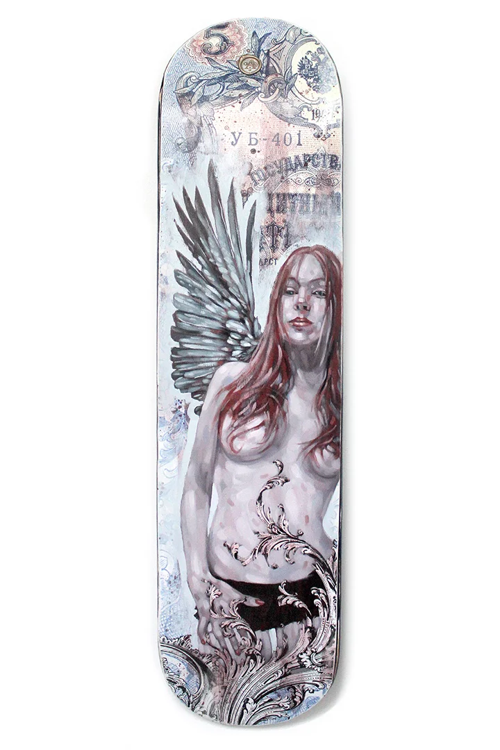 Title: DEEP ROLLER Original mixed media oil painting on skate deck. 7.5" X 32" SOLD