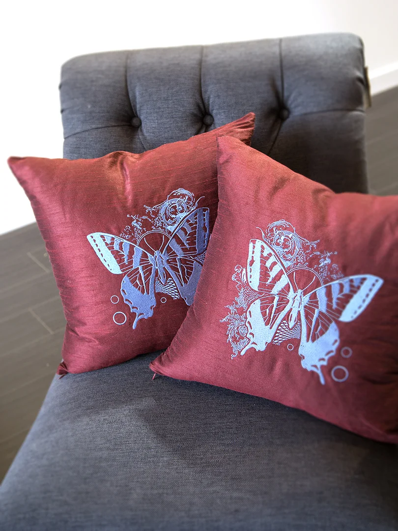 Butterfly Burgundy Silk Throw Pillows