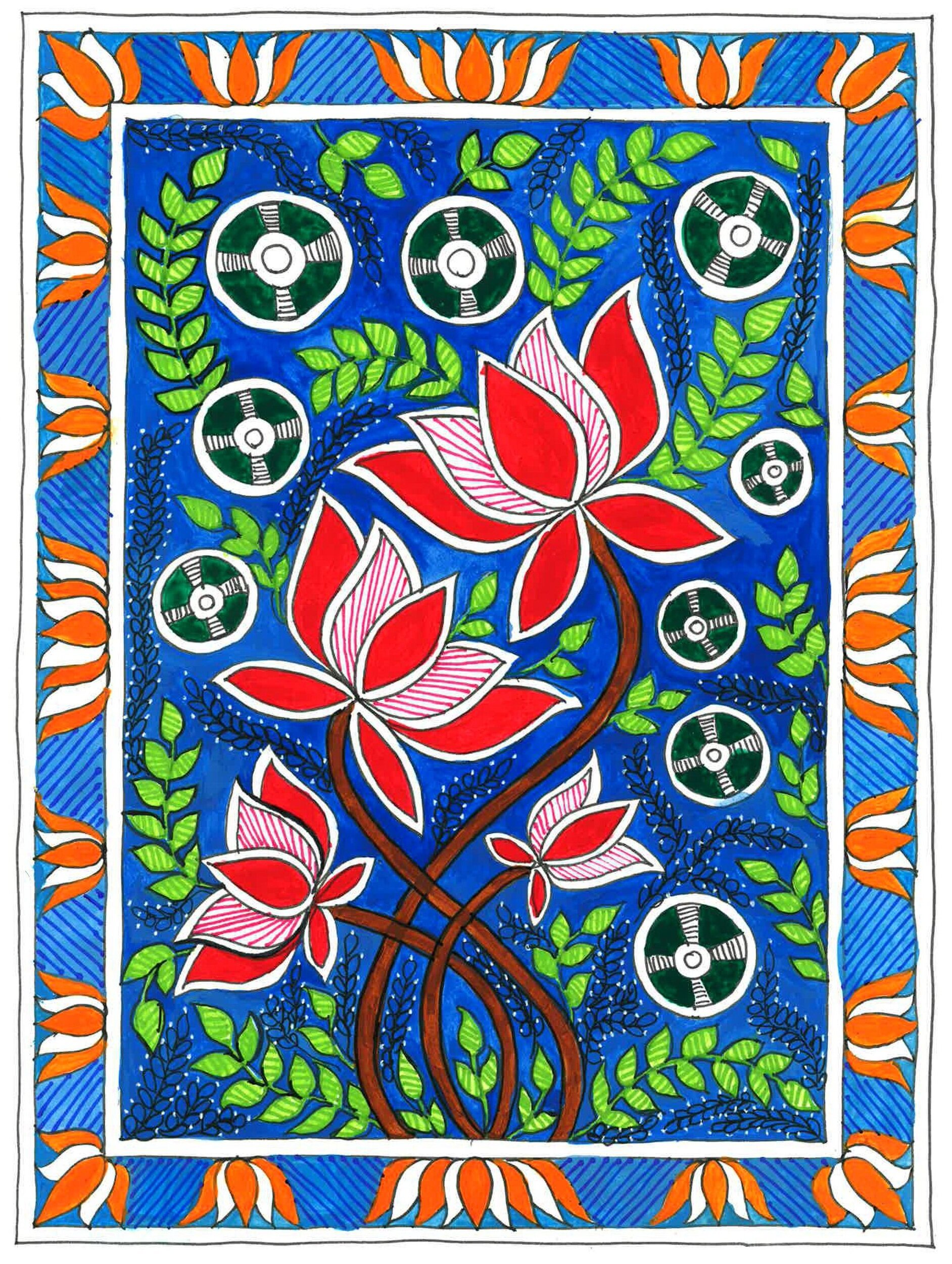 Madhubani Art Print - Lotus Flowers with Blue Background — Preserve Culture