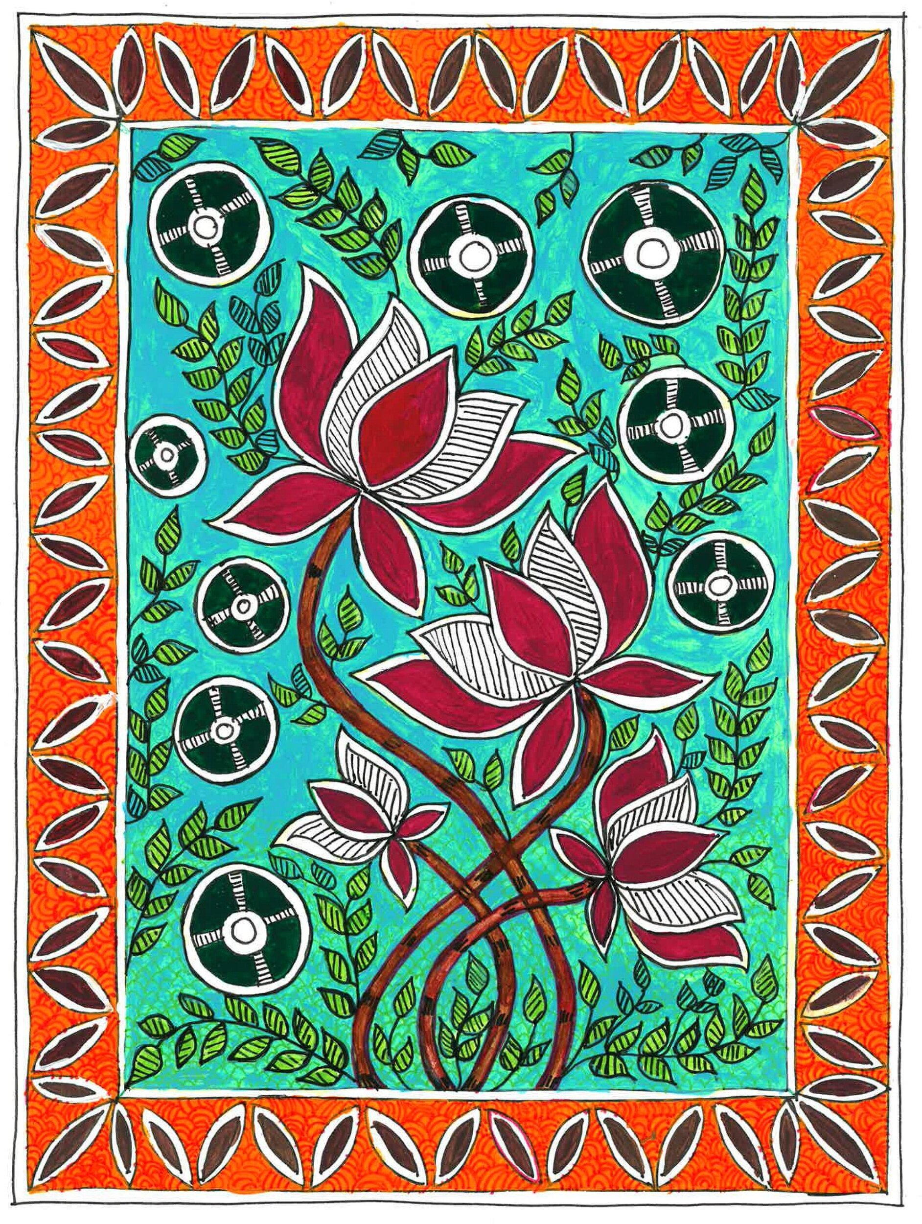 Madhubani Art Print - Lotus Flowers with Green Background — Preserve Culture