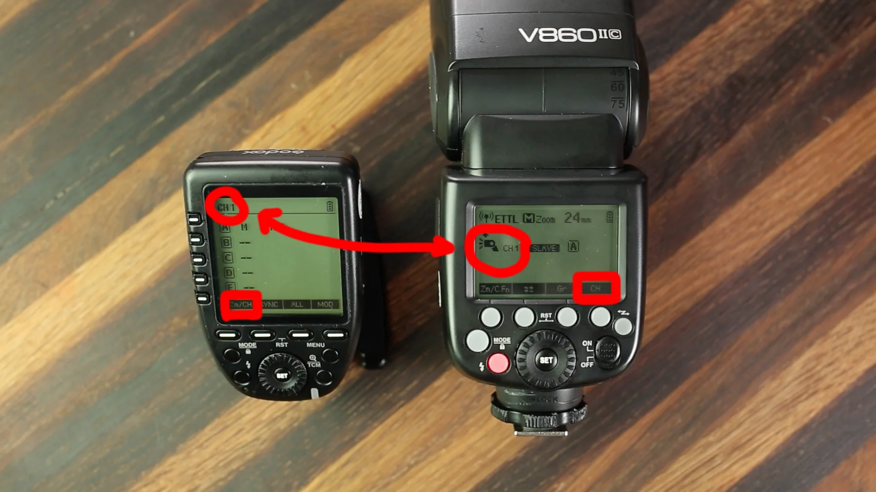 You can see which channel you’re on by looking at the top-left of your trigger’s screen. On the V860 II, you can find it in the middle-left of the screen.