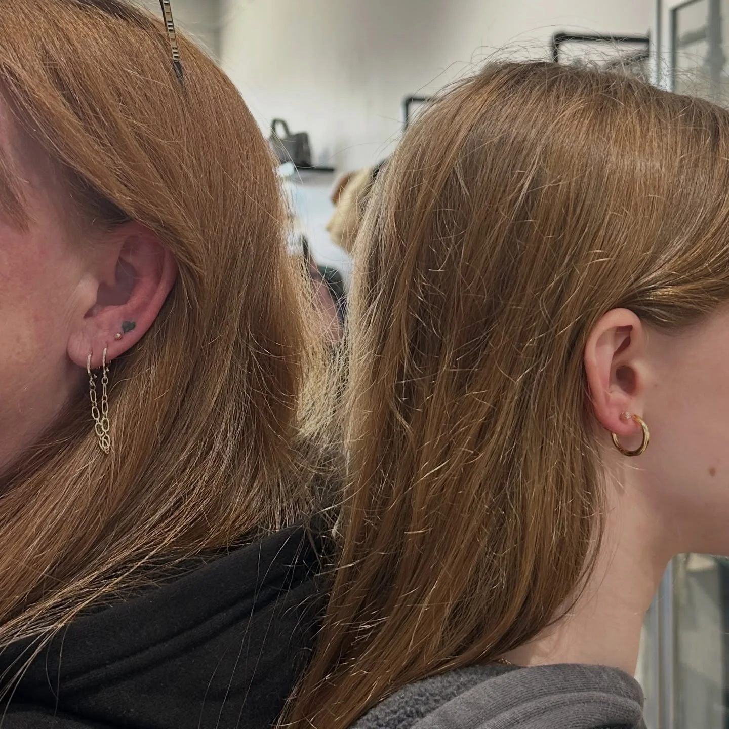 Mother &amp; daughter matching piercings in 14kt gold - hypoallergenic, professionally done, and carefully marked and measured for the perfect placement every time.

With over 20 years of experience, this is more than a piercing, it&rsquo;s a memory 