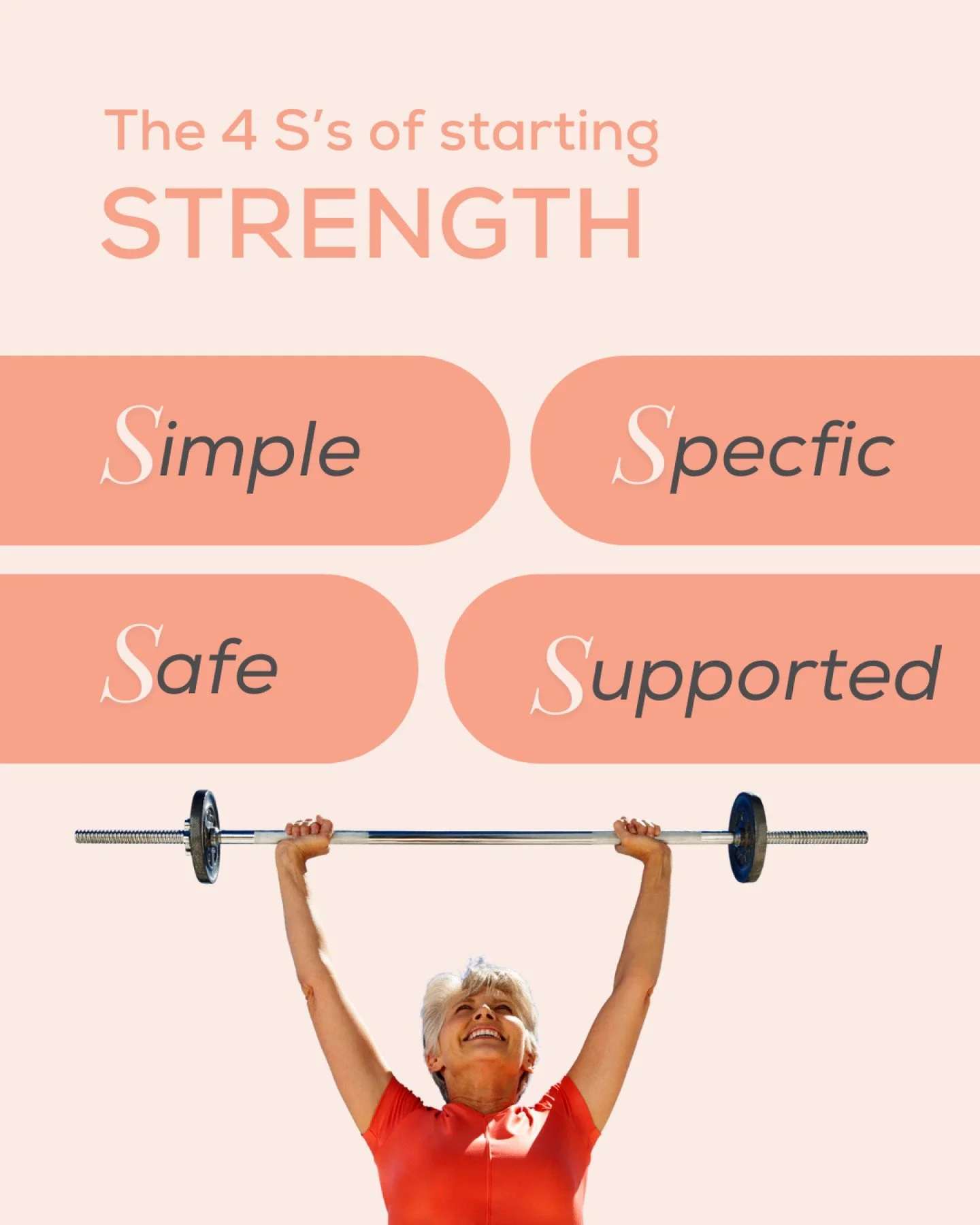 💪 Strong Foundations: The 4 S&rsquo;s of Starting Strength

Starting strength training doesn&rsquo;t have to be intimidating. It should be...
Simple. Safe. Specific. Supported.

✨ Simple: start with what you know - like sit-to-stands, picking things