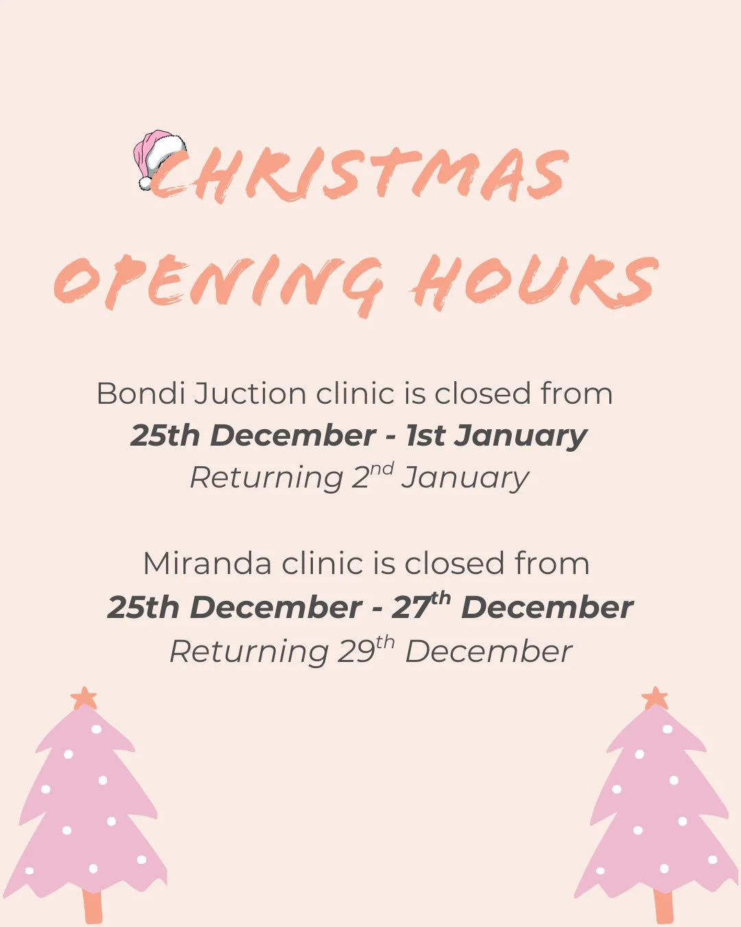 🎄 Christmas Clinic Hours at WIF

As we head into the holiday season, here are our opening times for both clinics:

Bondi Junction:
Closed from 25 December to 1 January
Reopening 2 January

Miranda:
Closed from 25 December to 27 December
Reopening 29
