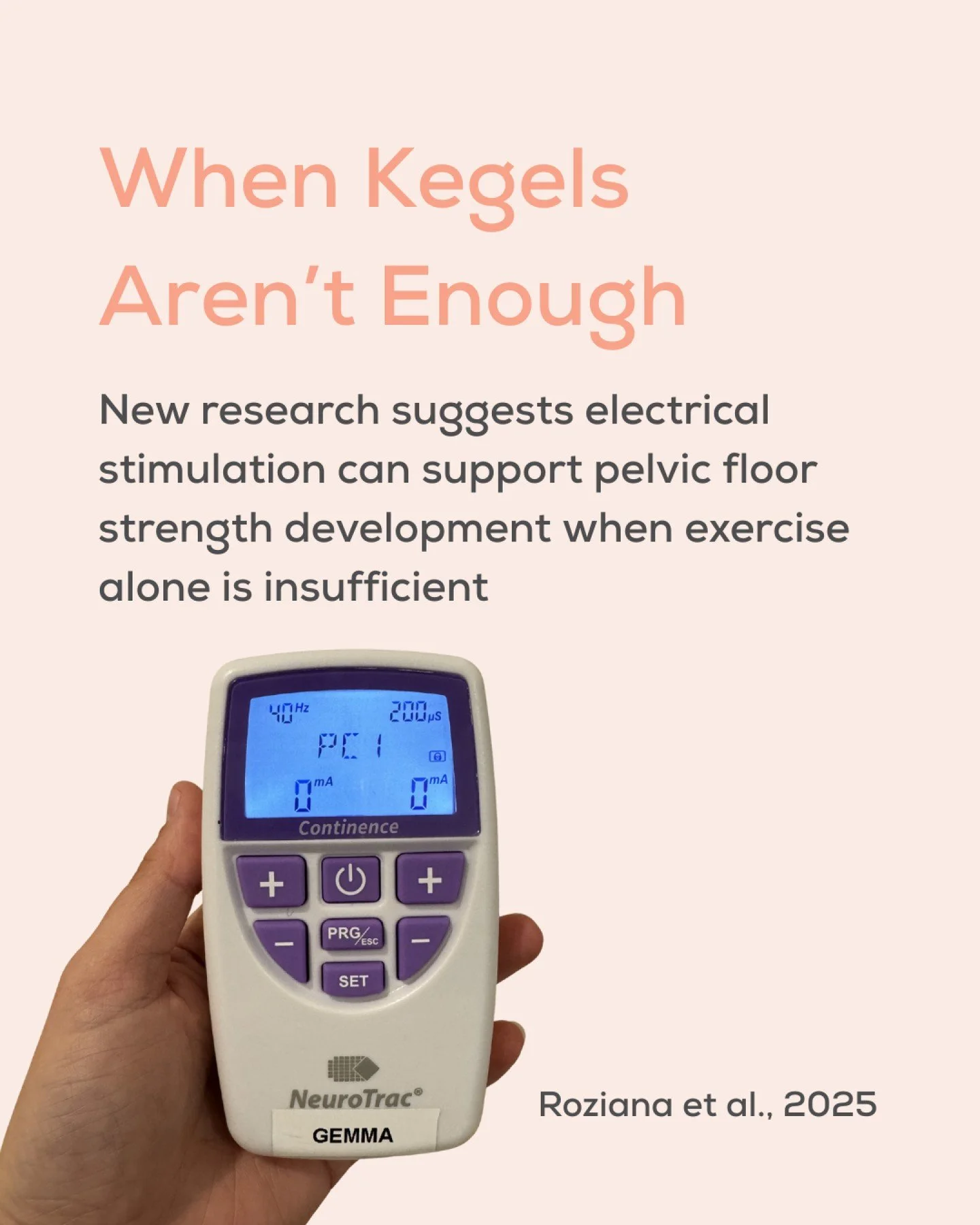 Pelvic Floor Exercises Alone Aren&rsquo;t Always Enough 💡

Electrical stimulation is not a replacement for pelvic floor exercises, but in some cases it can play an important role in rehabilitation.

Recent research suggests electrical stimulation ma