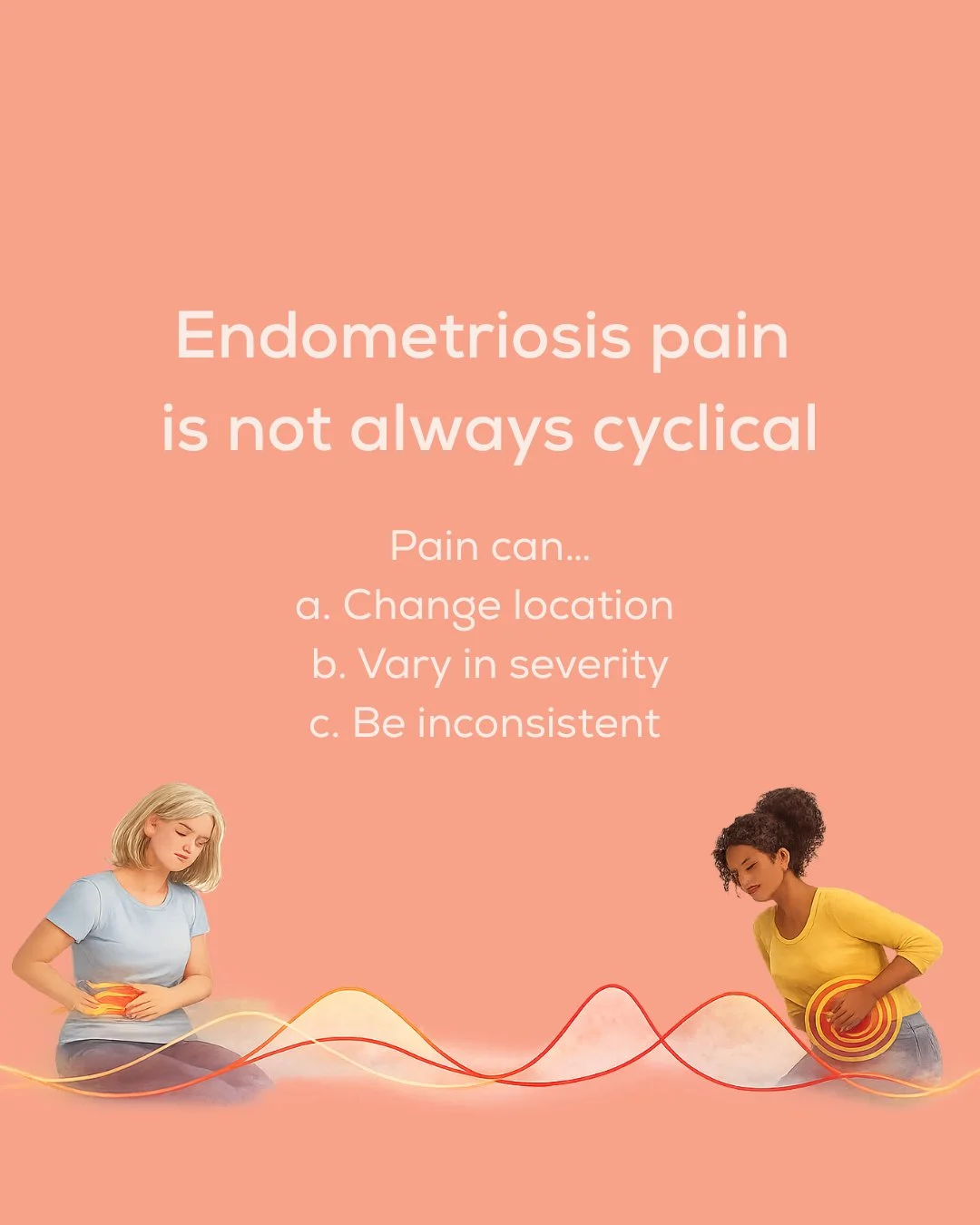Endometriosis pain does not follow one single pattern

For some women it peaks with menstruation. For others it appears at ovulation. And for many, pain becomes persistent and no longer linked clearly to the menstrual cycle.

When pain becomes ongoin