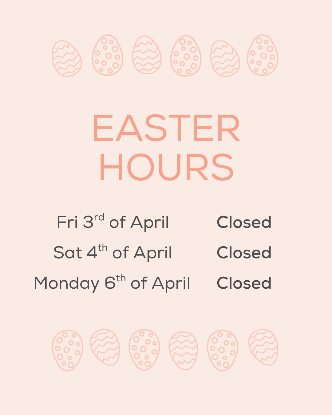 Easter Hours 🐣

We will be closed on all public holidays, taking a short break over the long weekend.
We&rsquo;ll be back in clinic from Tuesday 7th. 

Check momence for updated class times. 

Wishing you all a lovely Easter and a chance to slow dow