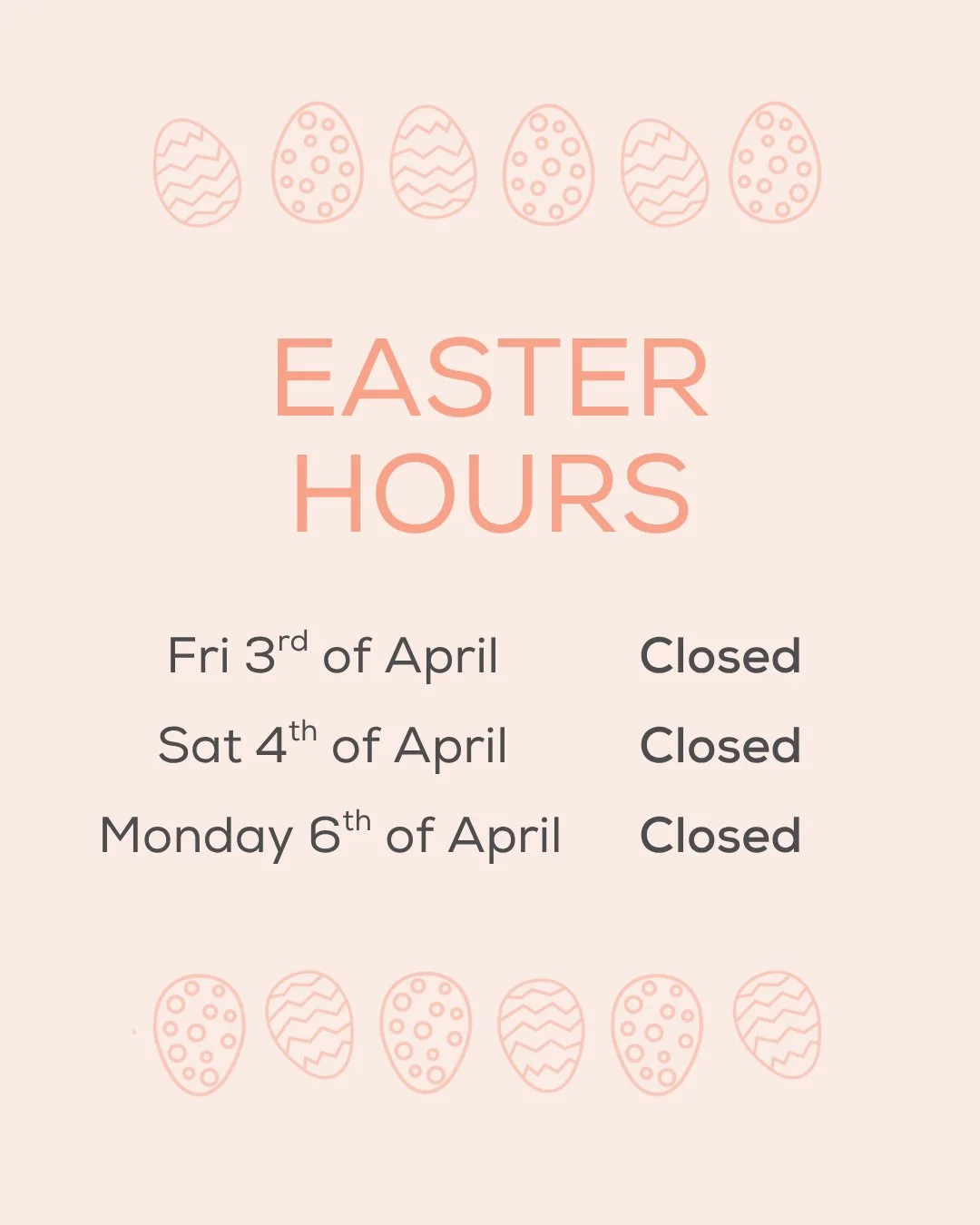 Easter Hours 🐣

We will be closed on all public holidays, taking a short break over the long weekend.
We&rsquo;ll be back in clinic from Tuesday 7th. 

Check momence for updated class times. 

Wishing you all a lovely Easter and a chance to slow dow