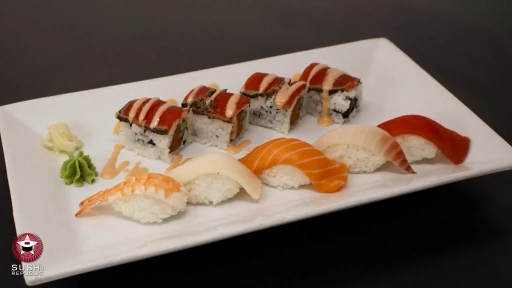 Featuring one of our &ldquo;Lunch Specials&rdquo;

I Love Tuna / Raw Set 

Spicy Tuna and Asparagus topped with Seared Tuna and Spicy Mayo with 1 nigiri piece of each: Tuna, Salmon, Red Snapper, Shrimp &amp; Escolar (White Tuna) served with miso soup