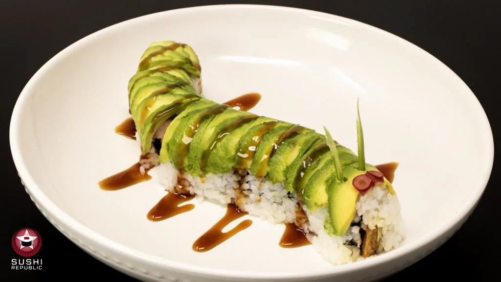 Rolled. Topped. Sauced. Served. 🍣 🐛

Meet our Caterpillar Roll &mdash; BBQ Eel, Crisp Cucumber, Topped with Avocado and Eel Sauce. 

#sushirepublic #gso #greensboro #caterpillar #sushirolls
