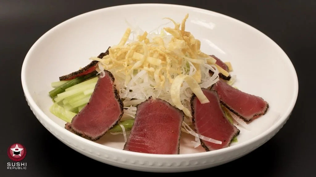Lightly seared. Perfectly sliced. 🔥🍣 

Our Tuna Tataki is served over fresh lettuce and paired with your choice of ponzu or chili garlic ponzu for the perfect balance of citrus and heat.

#tunatataki #sushilover #sushirepublic #gso #greensboronc