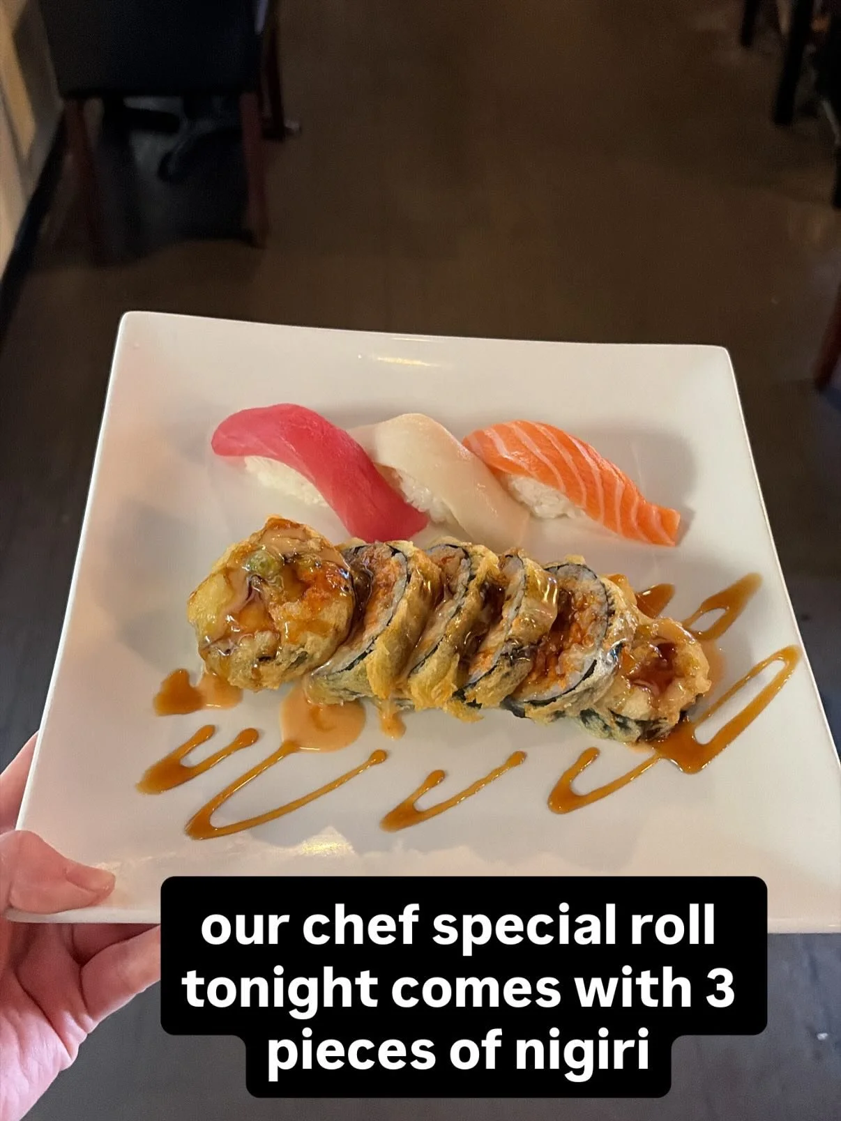 TONIGHT ONLY ‼️5/18/26

If you order a chef special roll, it will come with 3 pieces of nigiri 🍣🌟