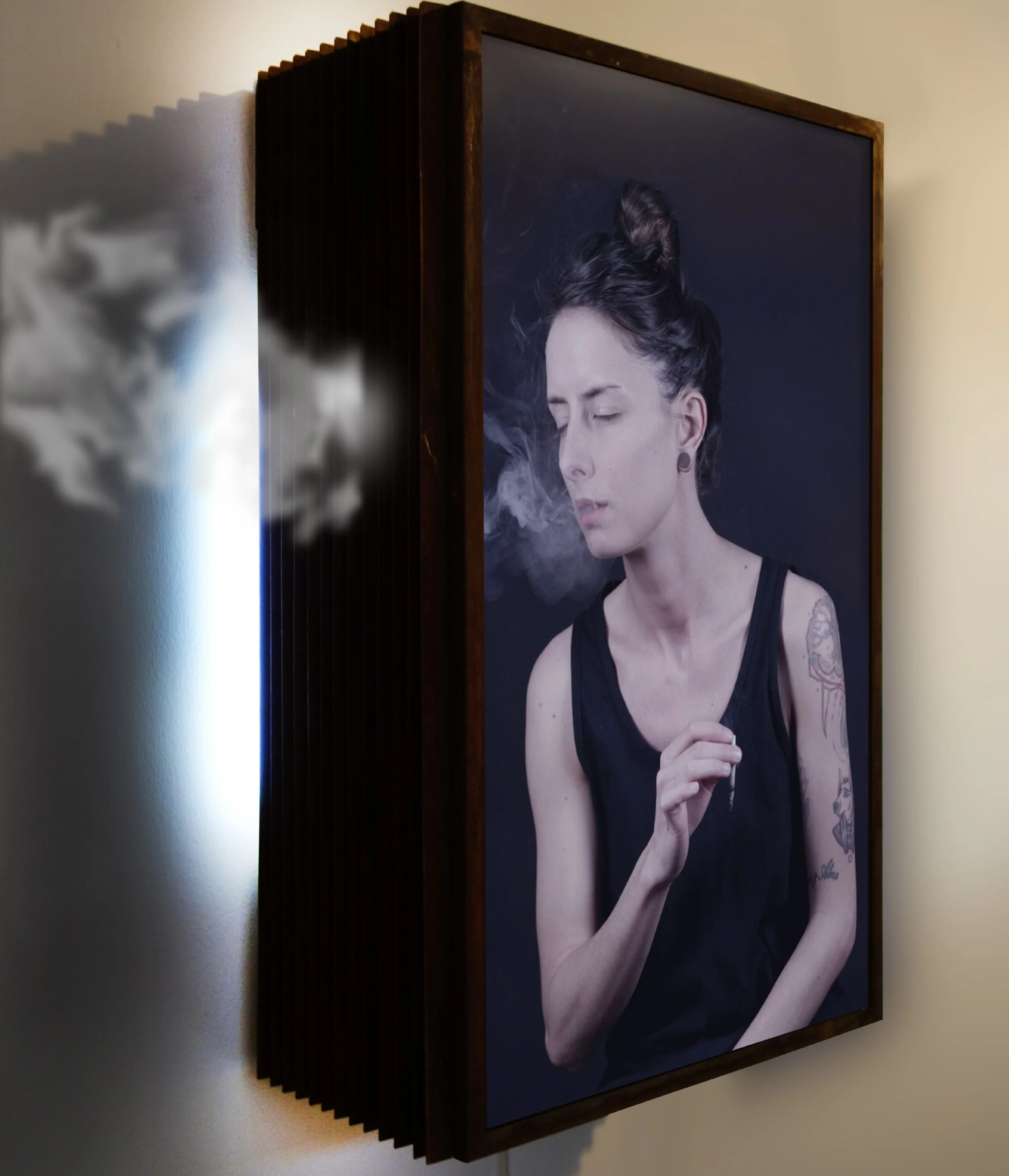 Marck, "Art student ", 2014. LCD panel, cns iron, humidifier, 3 +1 EA. Photo courtesy of the writer.