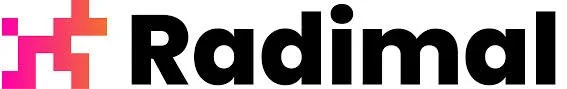 Radmal logo with black text and a pink and orange abstract symbol