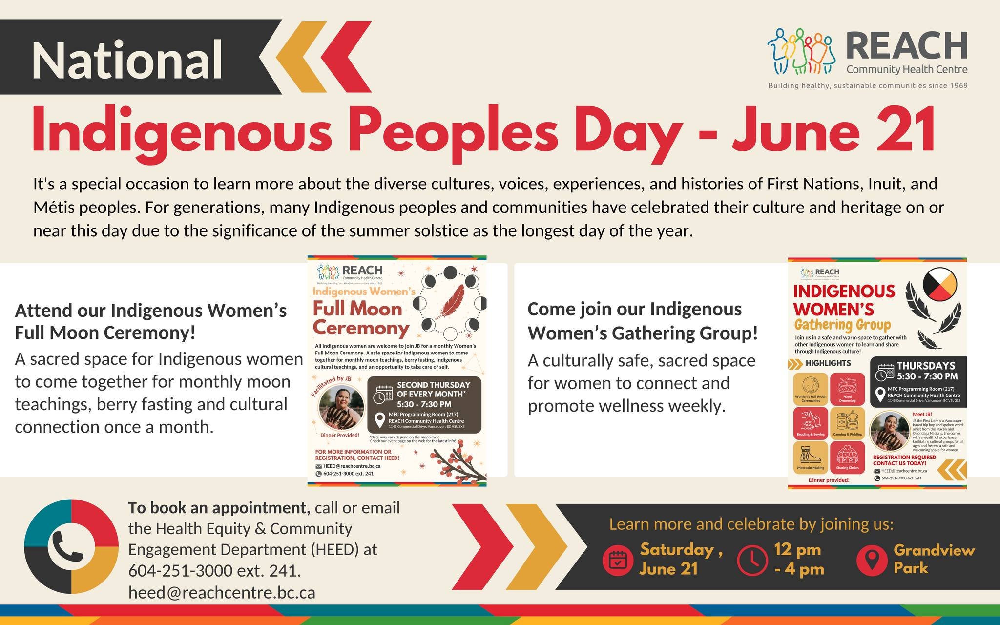 We would like to remind our community of our Indigenous Women&rsquo;s Gathering Group that happens once a week at REACH, along with a Full Moon Ceremony each month! 

We are also gearing up for National Indigenous Peoples Day this Saturday at Grandvi