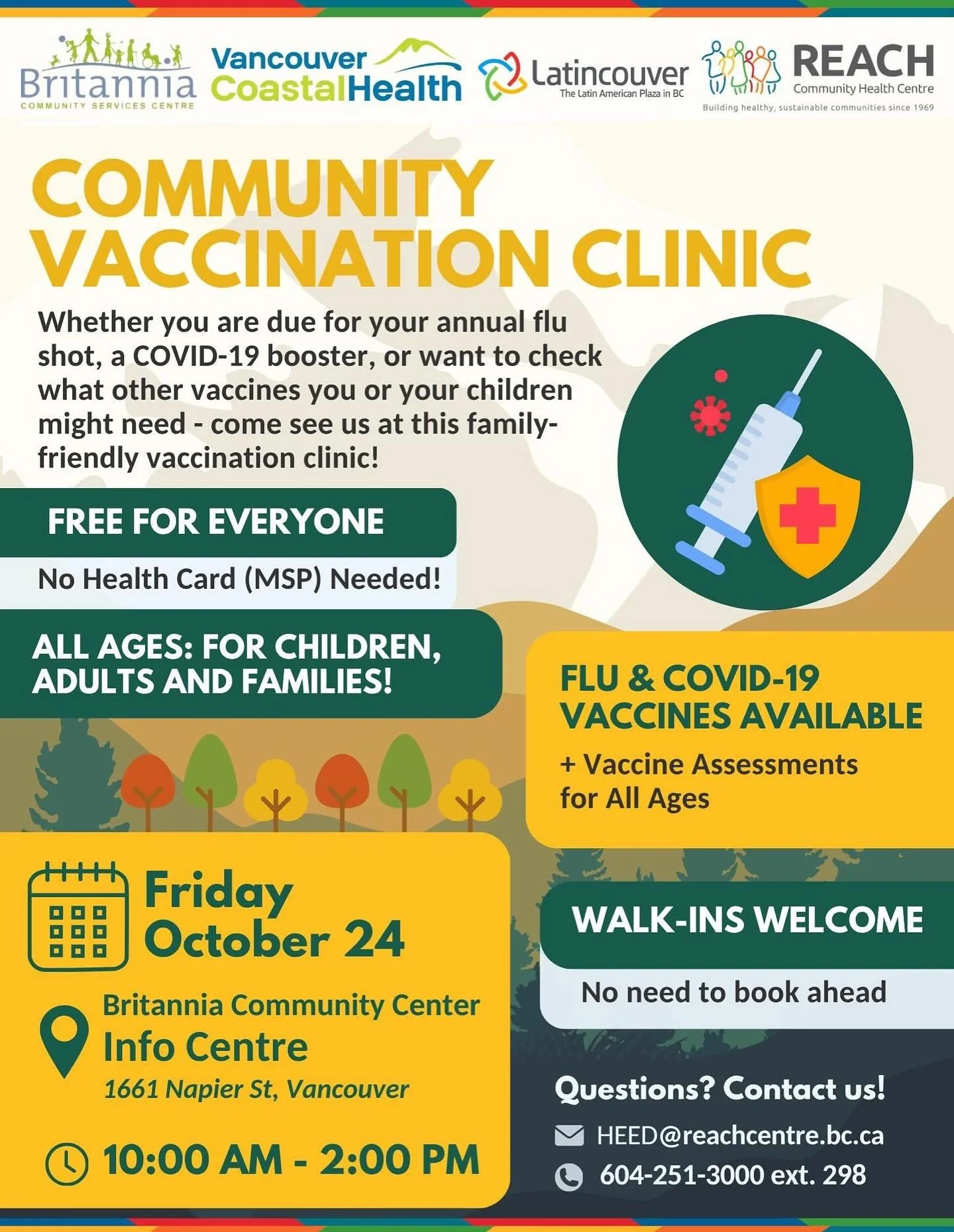 Flu shots and COVID-19 vaccines will available at our Community Vaccination Clinic on Friday at our Health Fair! @vchhealthcare will provide vaccines and vaccine assessments, so spread the word and join us and @latincouver in protecting yourself and