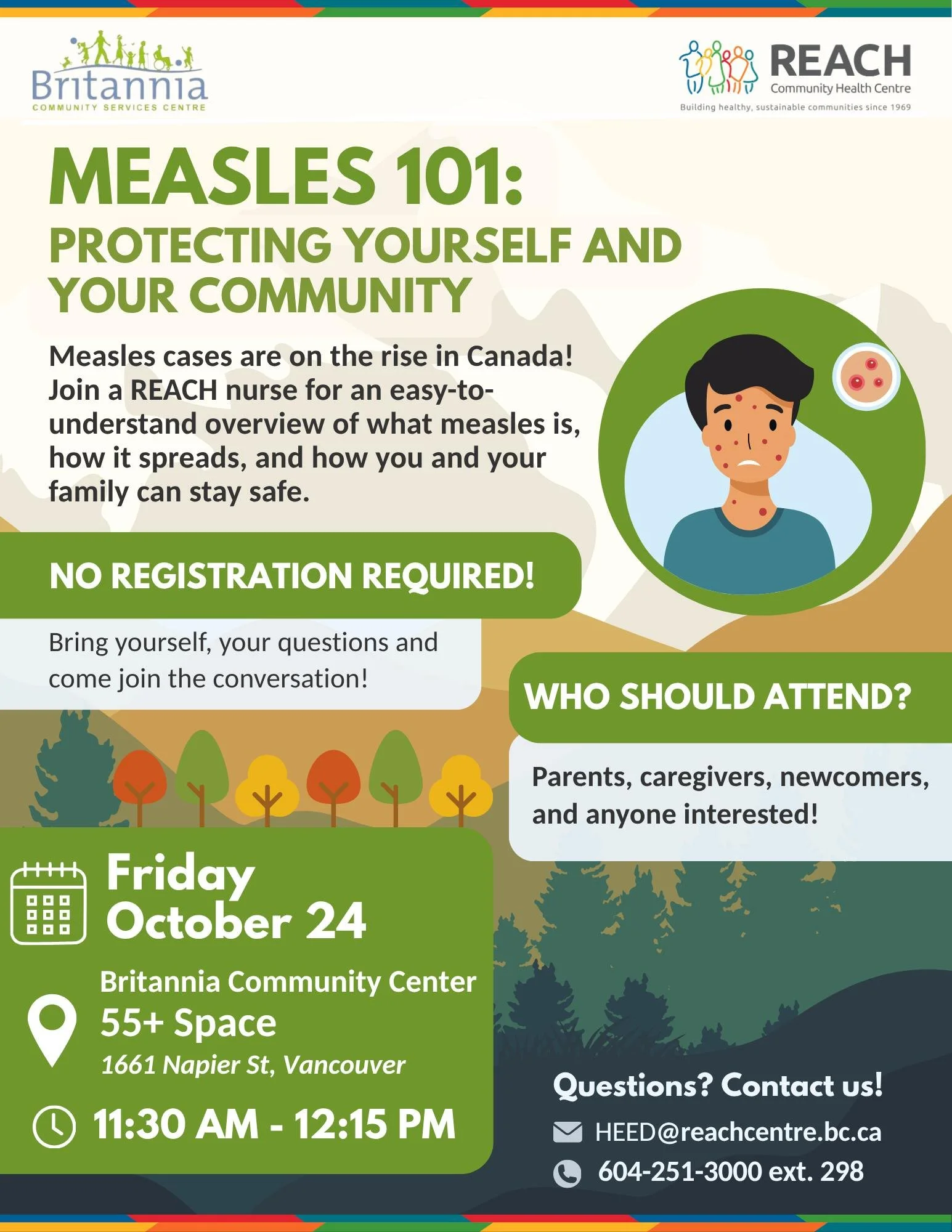 If you are wondering how to protect yourself and others against measles, look no further than our Measles 101 health session on Friday as part of our Community Health and Wellbeing Fair. You can join one of our Nurses @britanniacentre 55+ for free, a