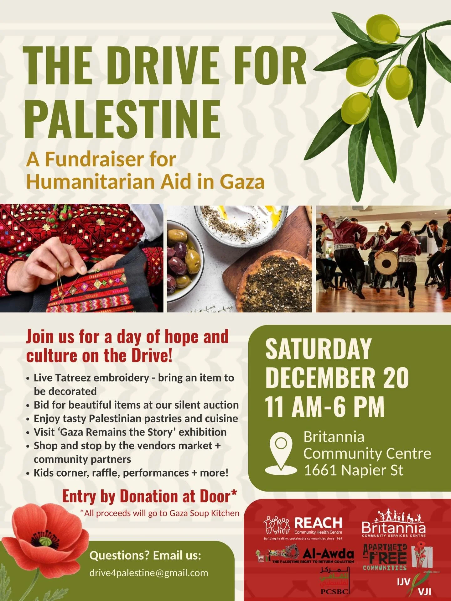 Please join us for a day of culture, fundraising and action on the Drive!  The Drive for Palestine will be held December 20 at Britannia &ndash; Gym D, organized by the Palestine Fundraising Committee at REACH, in collaboration with @britanniacentre,