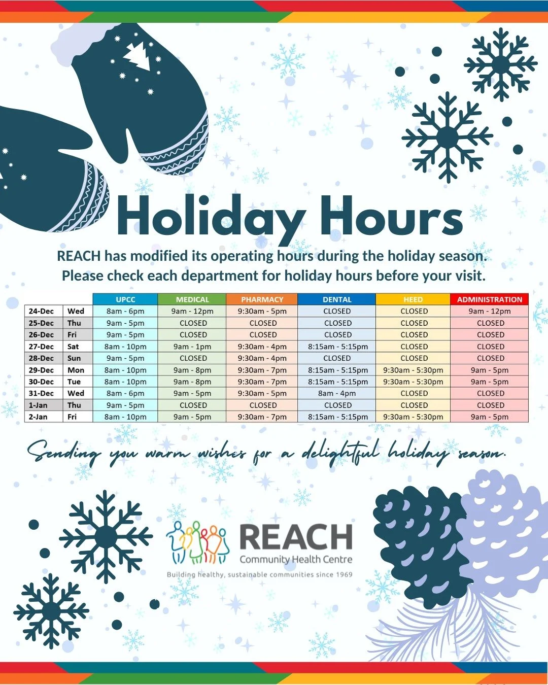 As we approach end of year and holiday season, please take a moment to review our updated schedule. Our UPCC will remain open with reduced hours. Please be aware that reduced hours may affect wait times. Thank you for your understanding and support! 