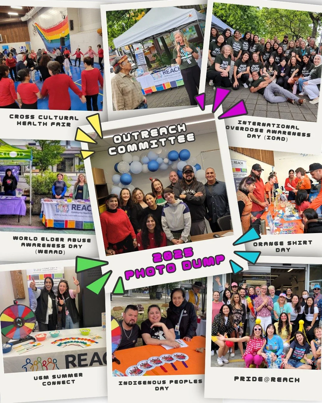 Meet our Outreach Committee! This year, this cross-departmental team worked hard to provide resources and community connection within East Vancouver through these tabling events: 

⭐️ UGM Summer Connect 
⭐️ PRIDE@REACH 
⭐️ Indigenous Peoples Day 
⭐️ 