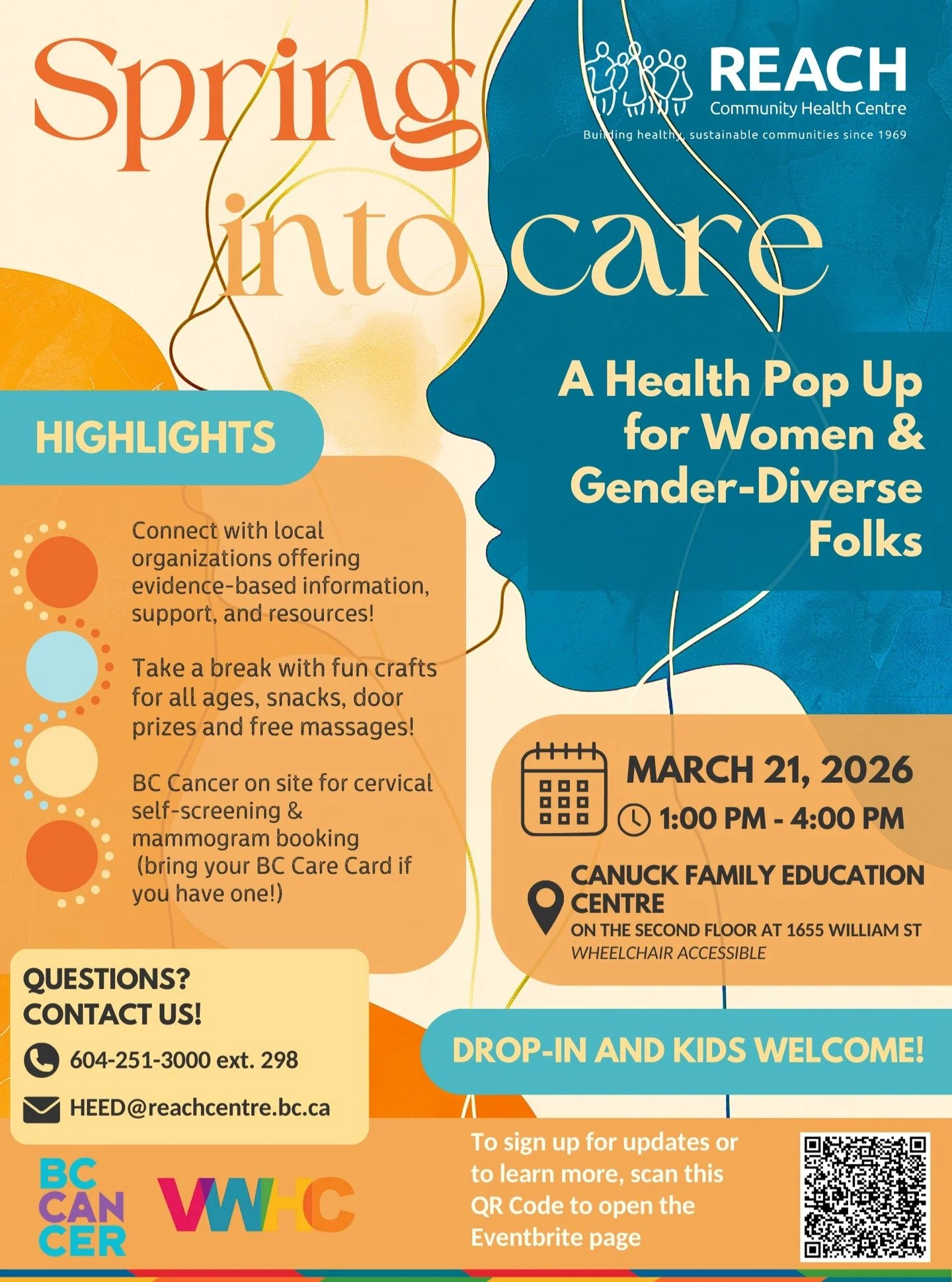 Spring into care with us! Join our Health Pop-Up for women and gender-diverse folks in partnership with Vancouver Women's Health Collective and BC Cancer Screening and Prevention.

Connect with local organizations and access supportive health resourc