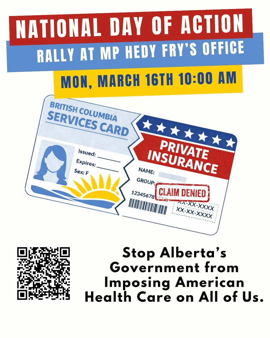 We urge our community to stand with us against Alberta&rsquo;s private insurance bill and join the National Day of Action this Monday.
 
This legislation poses a serious threat to universal public health care in Canada. By introducing private, for-pr