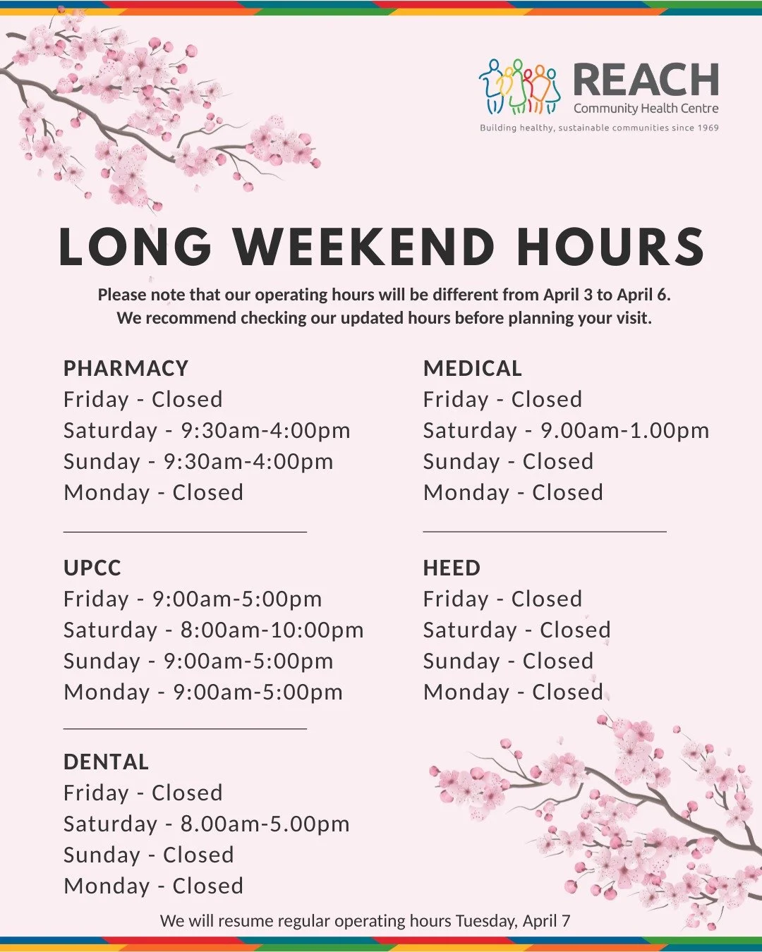 Please take note of our changes in operating hours this long weekend. Please be aware that reduced hours may affect wait times, and thank you for your understanding. 

Wishing everyone a smooth and sunny weekend ahead! ☀️🌸