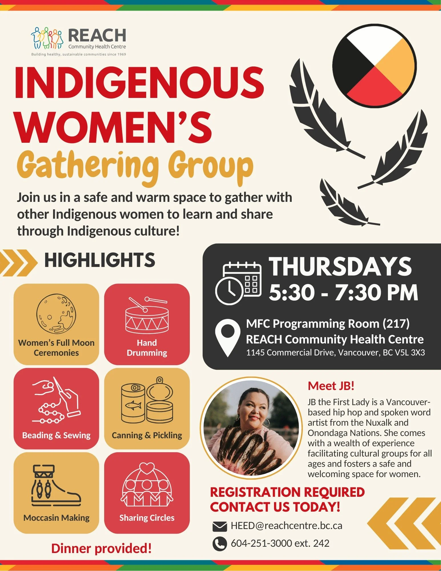 The Indigenous Women&rsquo;s Gathering Group at REACH offers a space for cultural connection and sharing. Facilitator JB creates a warm environment and weaves activities rooted in traditions throughout each session. 

They meet every Thursday, buildi