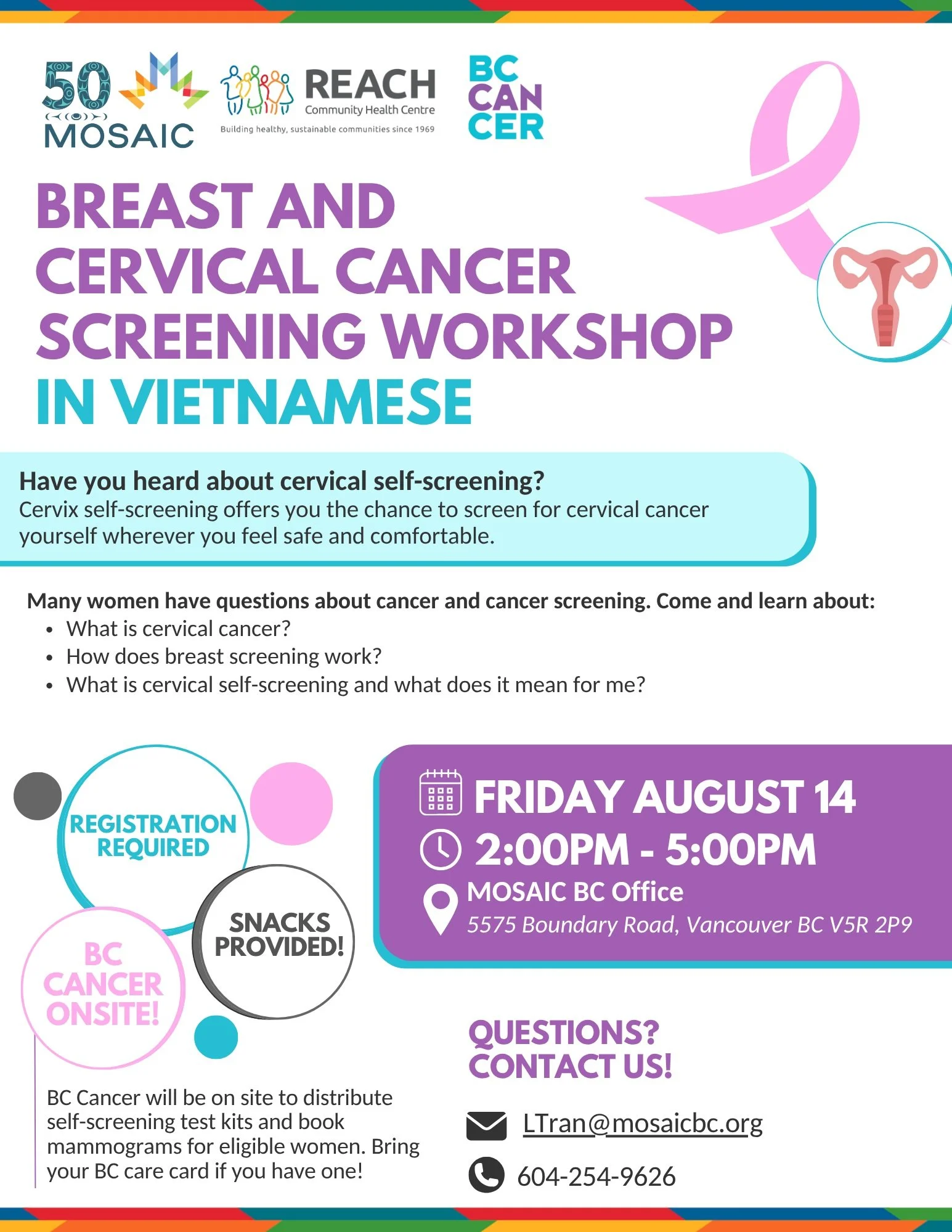 We are excited to partner with @mosaicbc_ in collaboration with @bccancer to offer our community cancer screening workshop in Vietnamese! 

Learn more about cervical and breast cancer, screening options, and how to use the cervix self-screening kits.