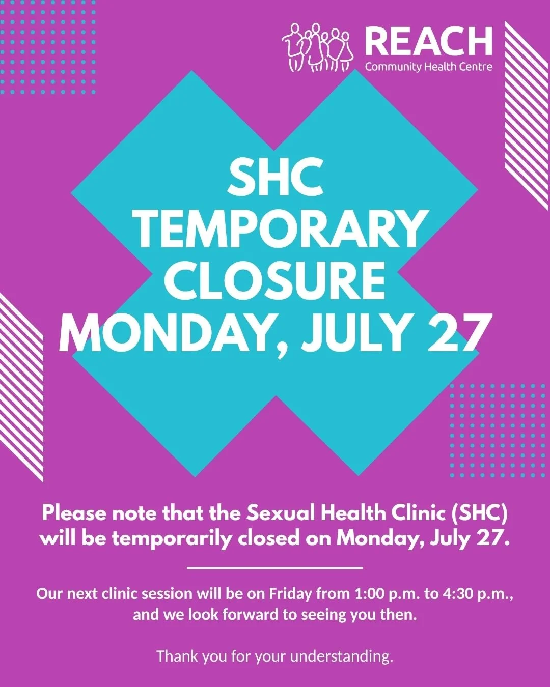 📢 SHC Temporary Closure Notice

Please note that the Sexual Health Clinic (SHC) will be temporarily closed on Monday, July 27.

Our next clinic session will be on Friday from 1:00 p.m. to 4:30 p.m., and we look forward to seeing you then.

Thank you
