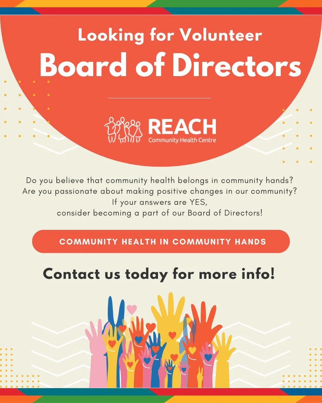 REACH is seeking members of our community to join our Board of directors!
 
REACH Board members are a community of passionate individuals committed to strengthening integrated health care in their community. We&rsquo;re actively recruiting candidates