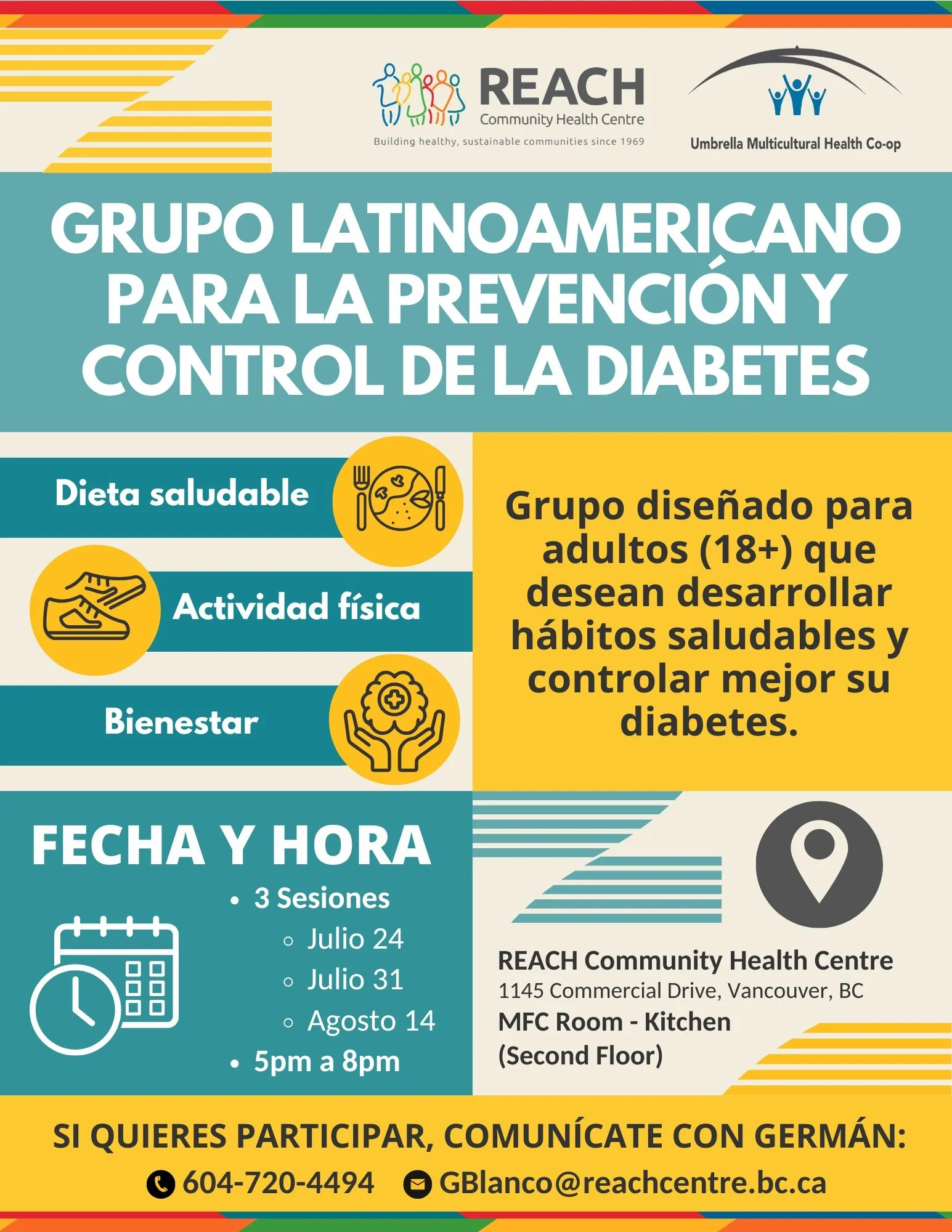We have another round of diabetes management and prevention workshops for Latin-American community members! If you are spanish-speaking and have diabetes or are pre-diabetic/at risk, we would love to have you in our workshop series.

 You will learn 