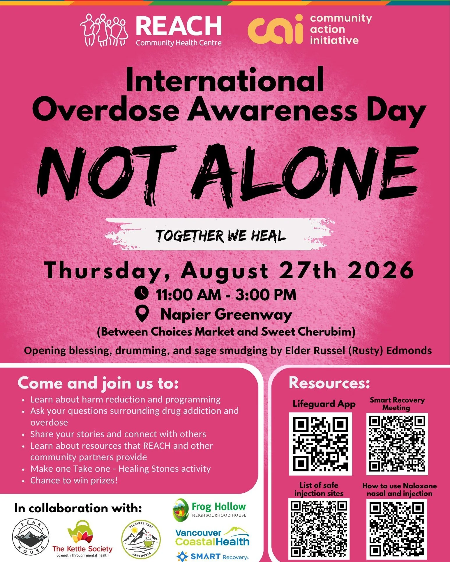 65&ndash;75% of fatal overdoses happen when using alone. Help to change this story with us at our fourth International Overdose Awareness Day  event, this Thursday, August 27th. Join REACH, @vchhealthcare, @thekettlesociety, @peakhouse_bc, @community