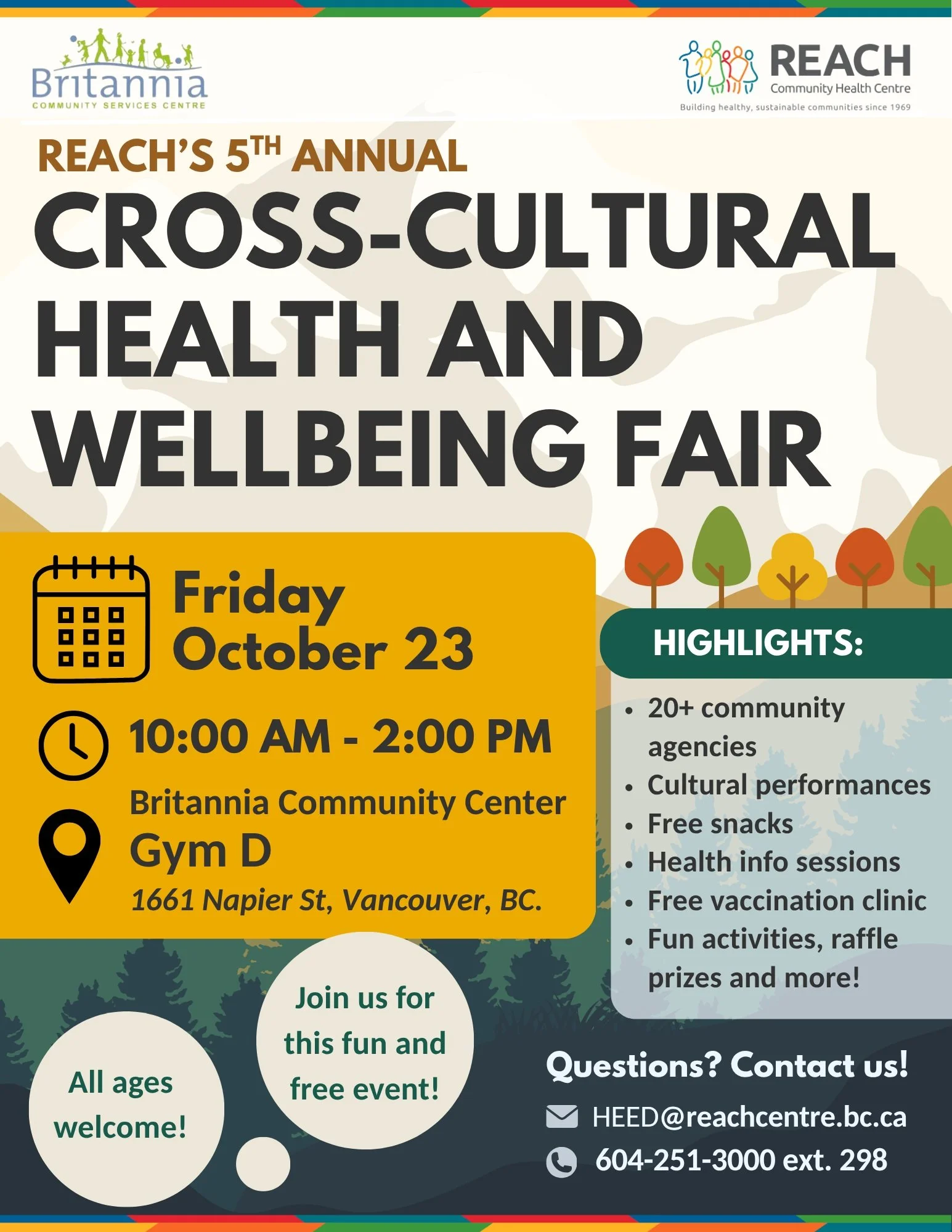 We would love to invite you to our fifth annual Cross-Cultural Health and Wellbeing Fair at @britanniacentre! 

Join us for access to your favourite community organizations and community resources, cultural performances, health education sessions, a 