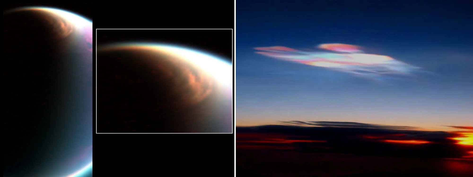 False color image of the methane ice above Titan’s north pole, taken from the Cassini spacecraft.