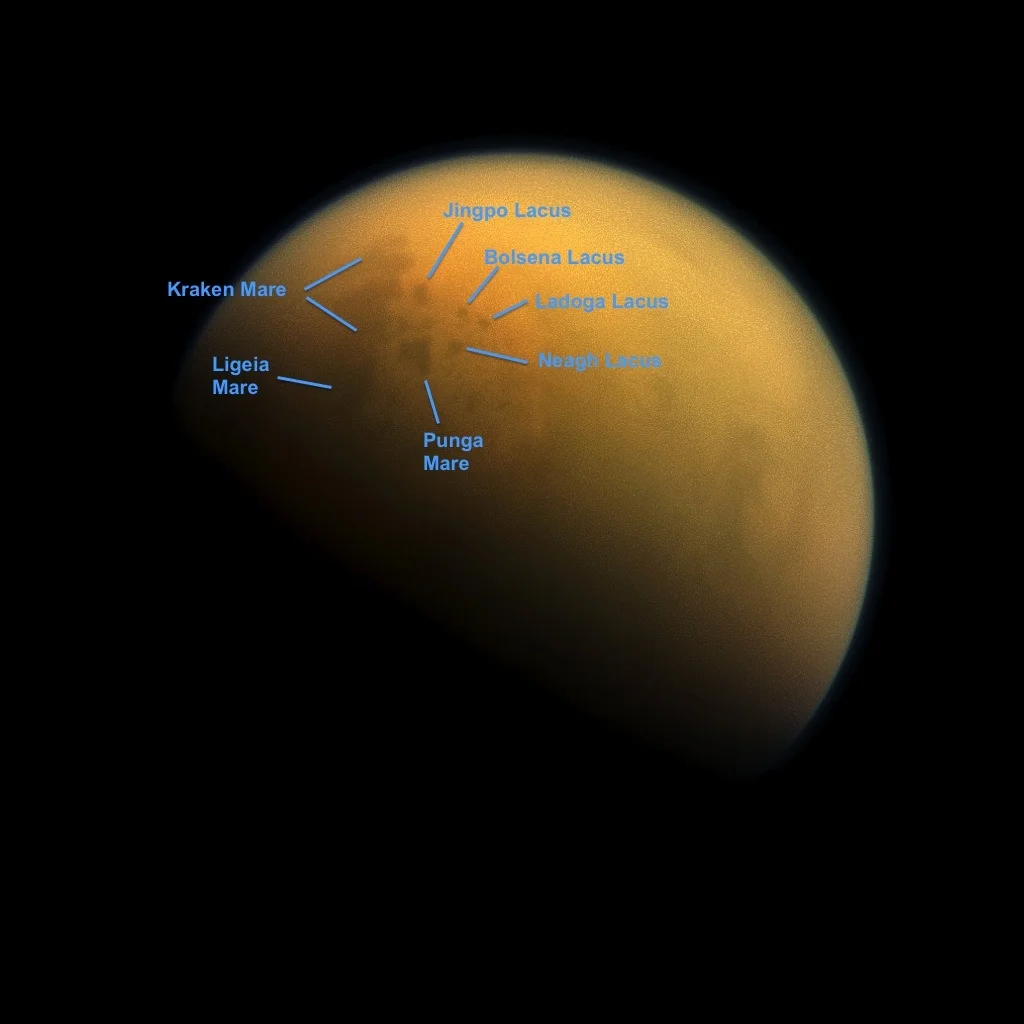 Special filters allow us to peer through the clouds and see the lakes beneath. Photo taken from the Cassini spacecraft.