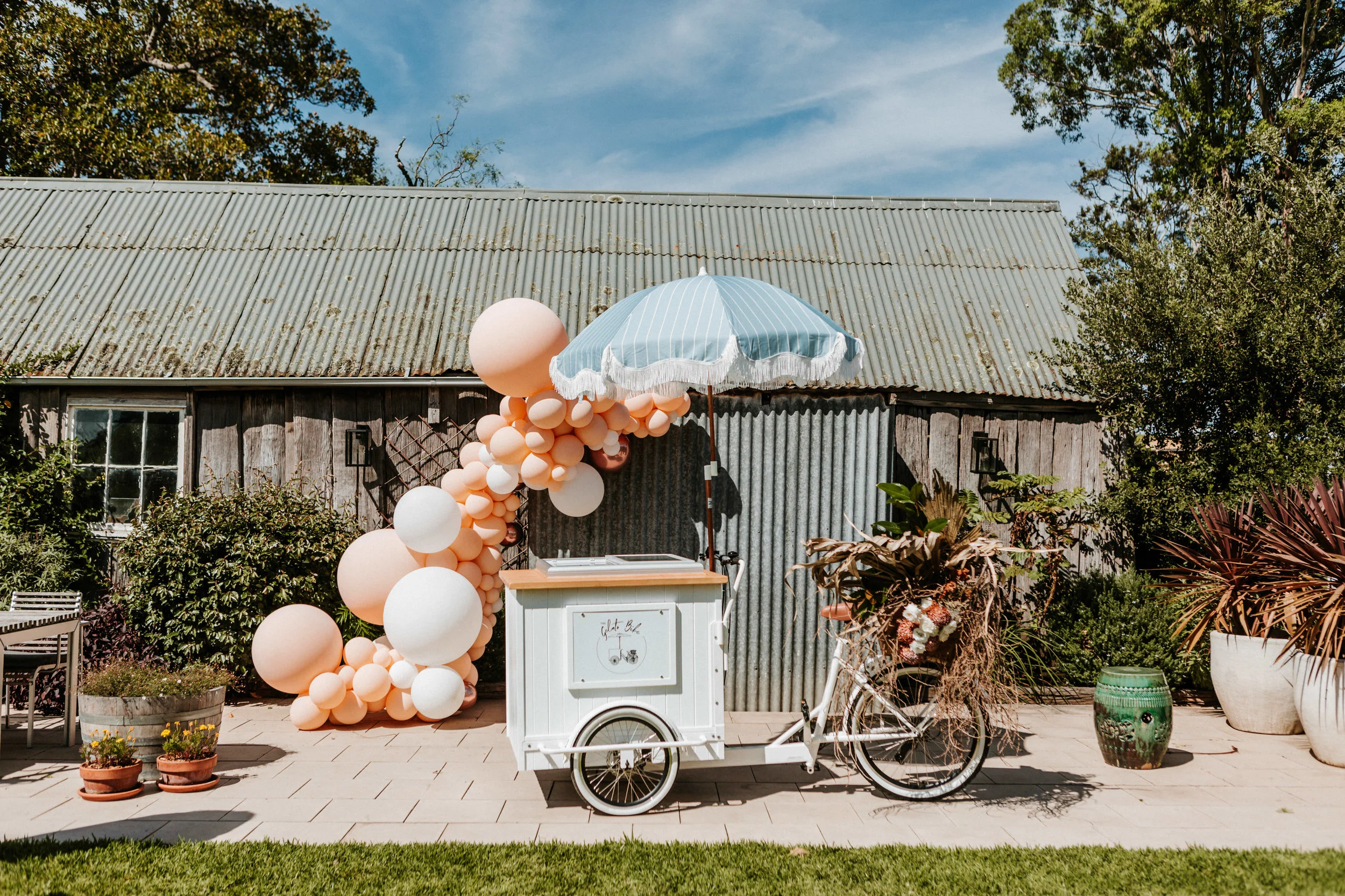 White gelato bike with blue umbrella and balloon styling for outdoor event catering