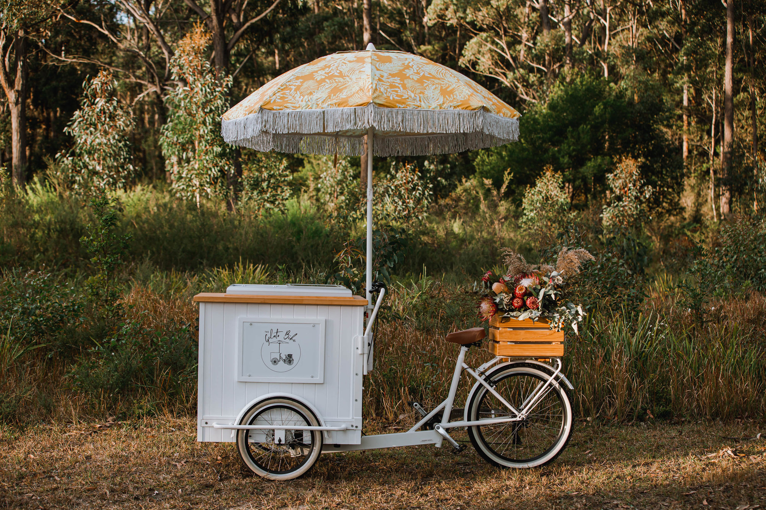 White gelato bike with yellow umbrella set up in a natural outdoor wedding location