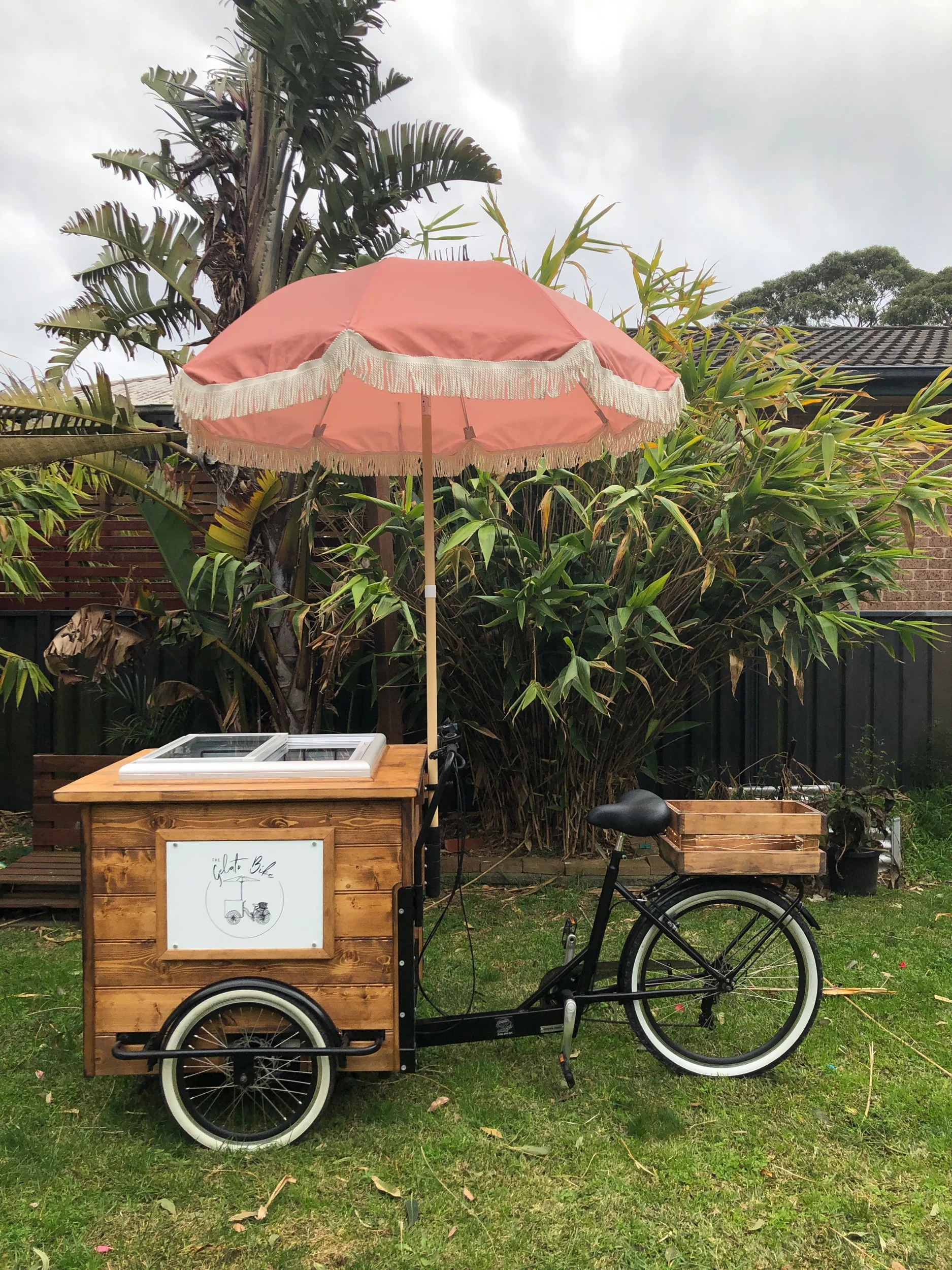 Timber gelato bike with coral umbrella for weddings, parties and private events