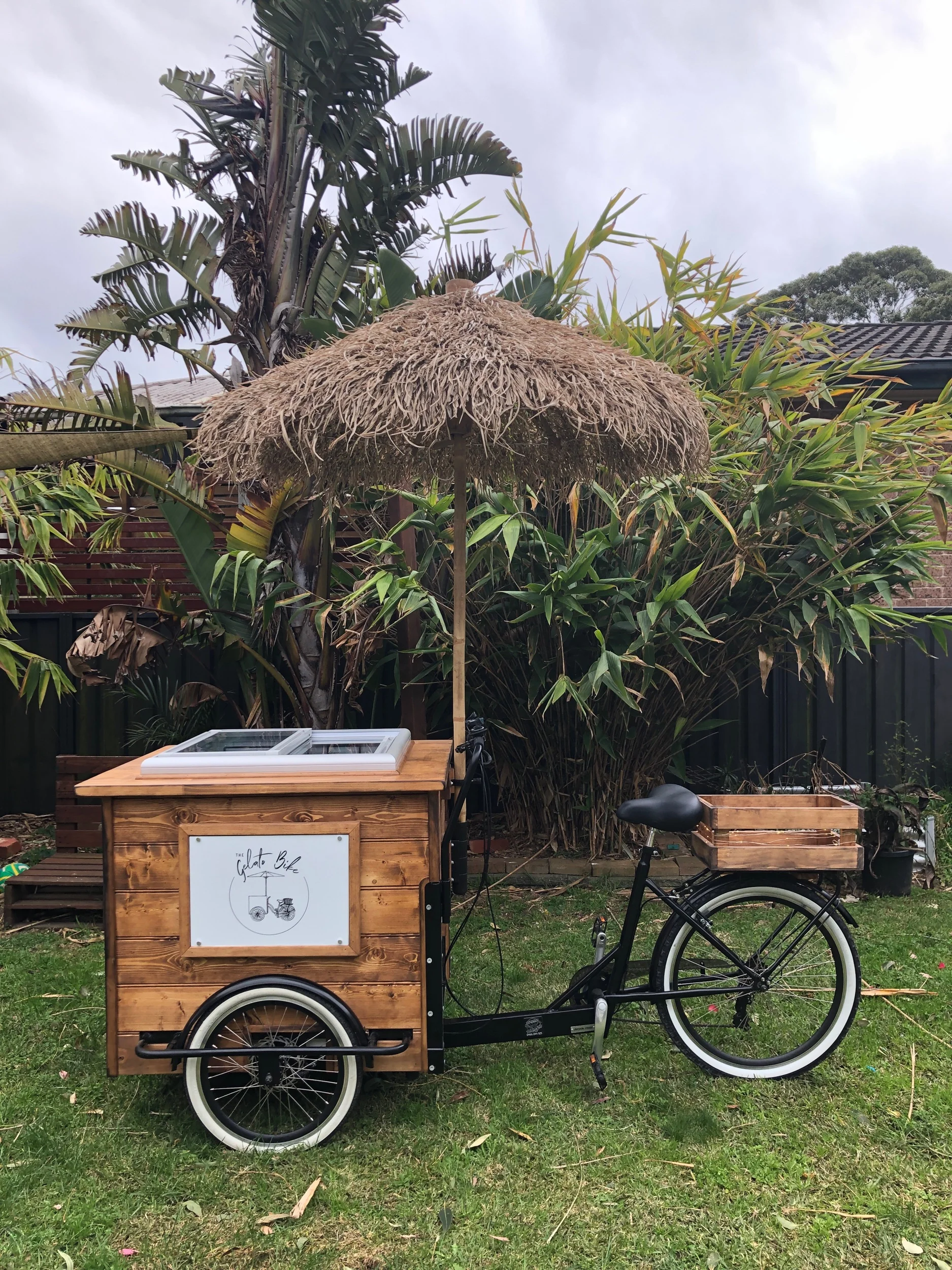Timber gelato bike with seagrass umbrella for outdoor weddings and events in NSW
