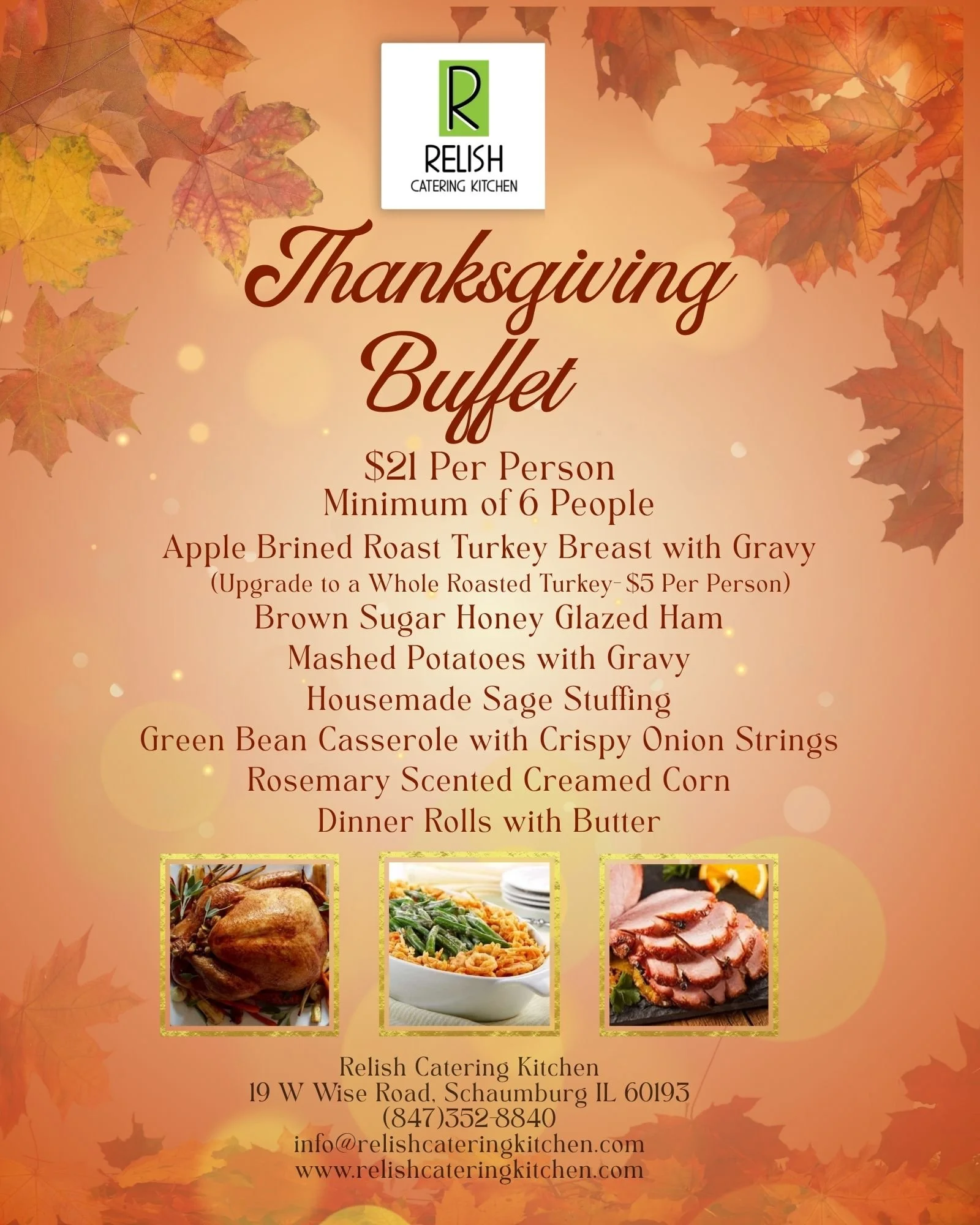 Wouldn't it be nice to just sit back and enjoy Thanksgiving Day without the stress of cooking?  Let us handle the whole meal for you, with our traditional Thanksgiving menu, or you can just fill in the gaps with our a la carte options!  Give us a cal