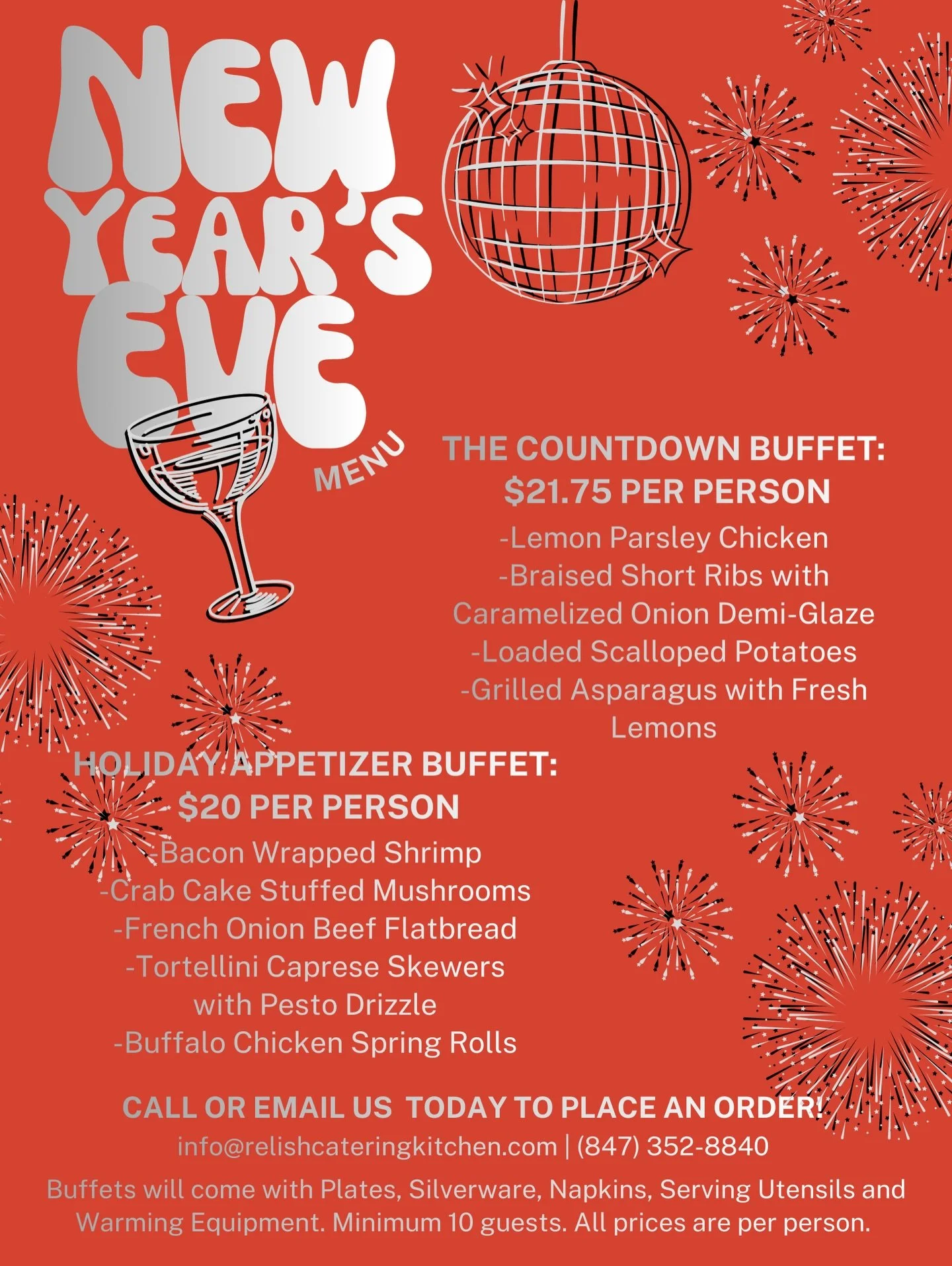 Pop the champagne and let us handle the food 🥂🎉 Our New Year&rsquo;s Eve menu is here! With our Appetizer &amp; Countdown Buffet we have your whole night of delicious food covered! 

Pickups and deliveries available until 5:30 PM.