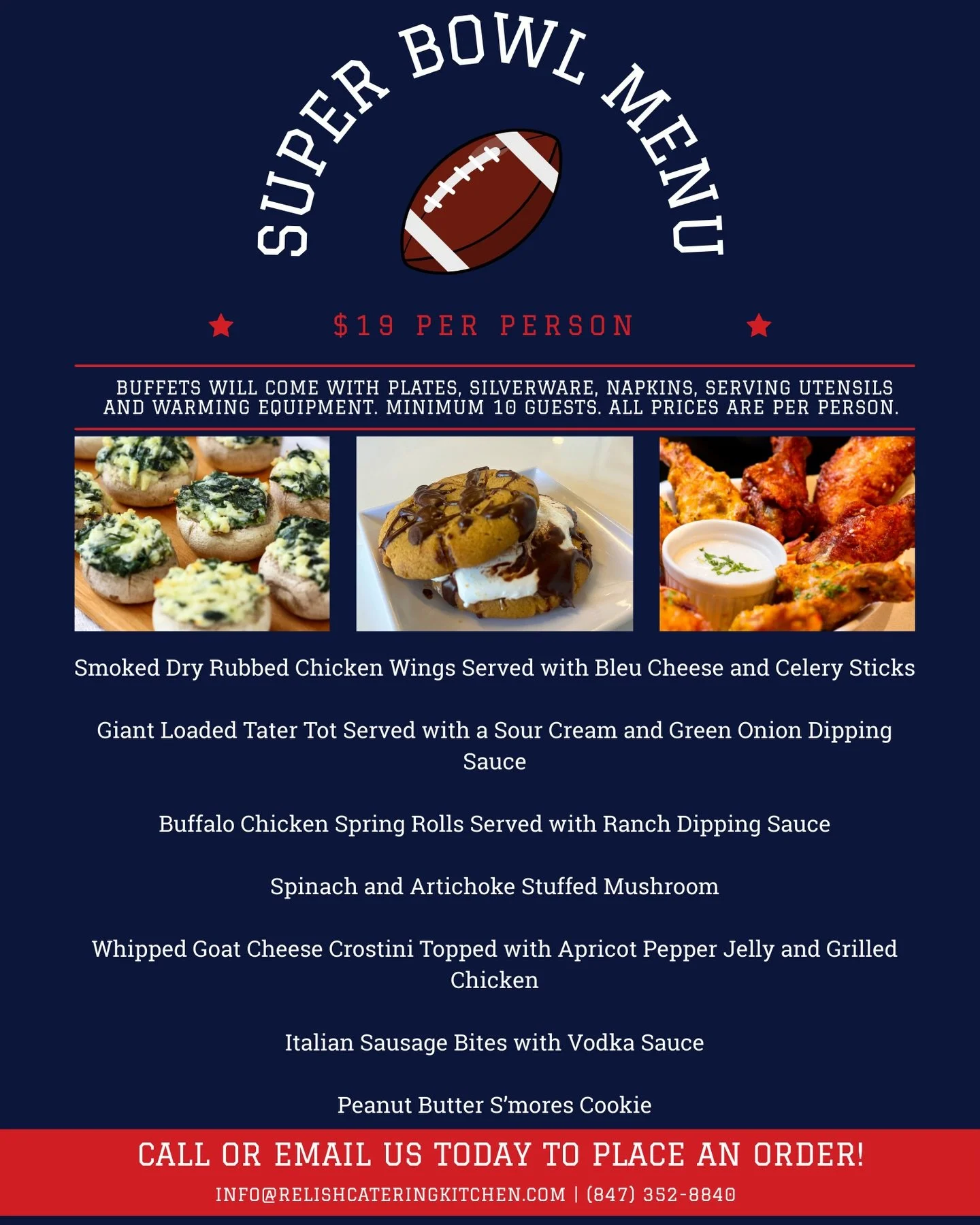 Our Super Bowl menu is live! Enjoy game day classics with an elevated twist! Crafted to be a guaranteed crowd pleaser for you and your guests while you cheer on the big game.🏈🍴

Call us today and secure your spread before kickoff! 
#RelishCateringK