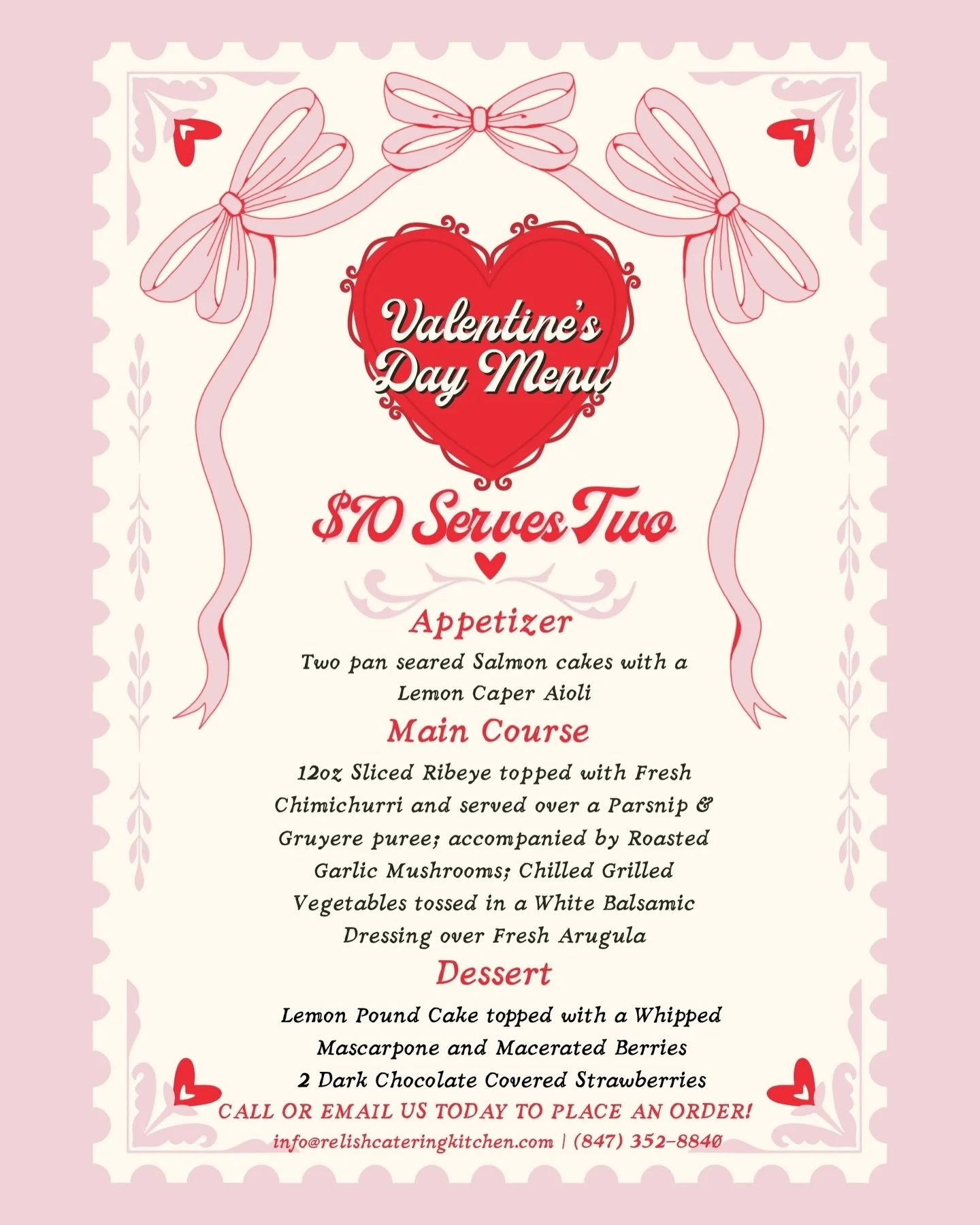 💘 Dinner for two? We&rsquo;ve got you covered! 

Our Valentine&rsquo;s Day Menu ($70 serves two!) Features Pan Seared Salmon Cakes with a Lemon Caper Aioli, 12oz Sliced Ribeye Topped with Fresh Chimichurri, Served over Parsnip &amp; Gruy&egrave;re P